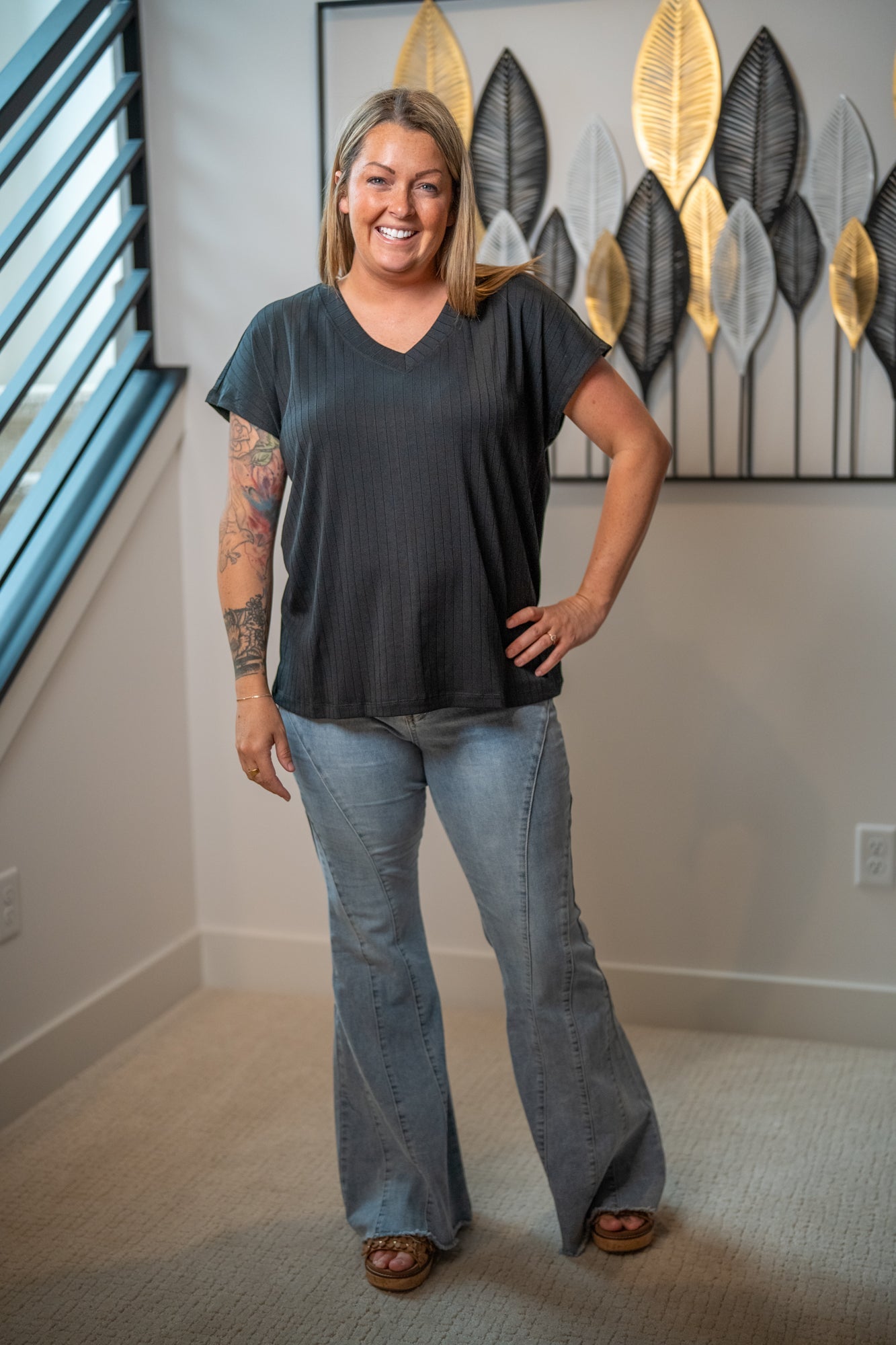 Easel Light Wash Stretch Bell Bottom Denim