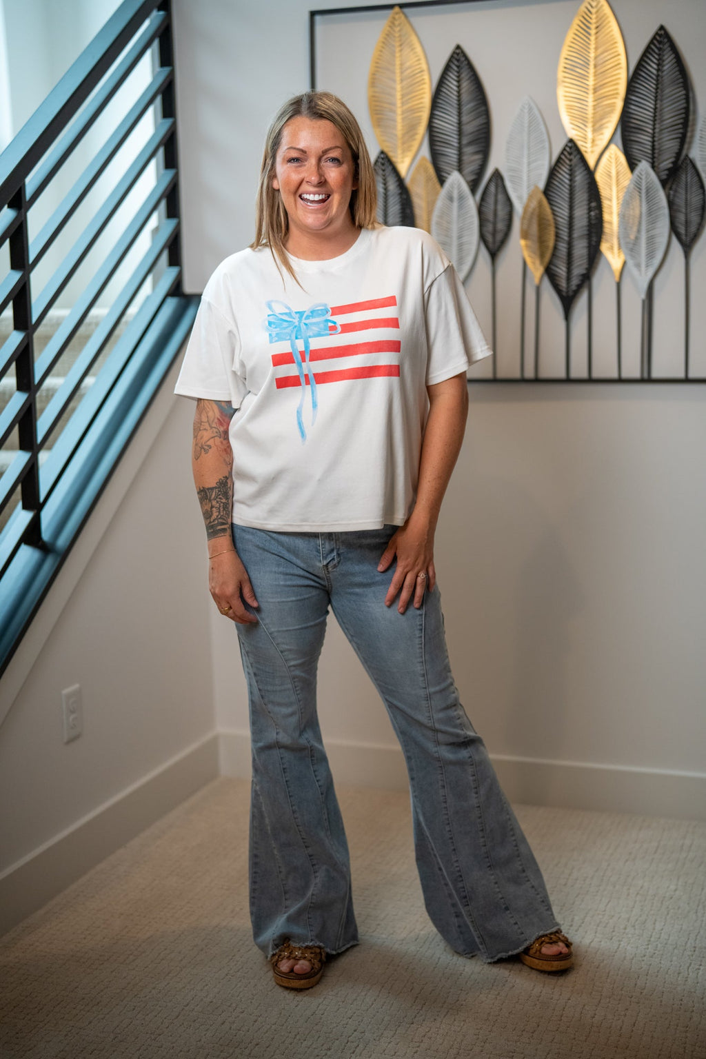 Gilli USA Flag Tee – Round Neck, Red & Blue Bow Graphic, Cotton Blend