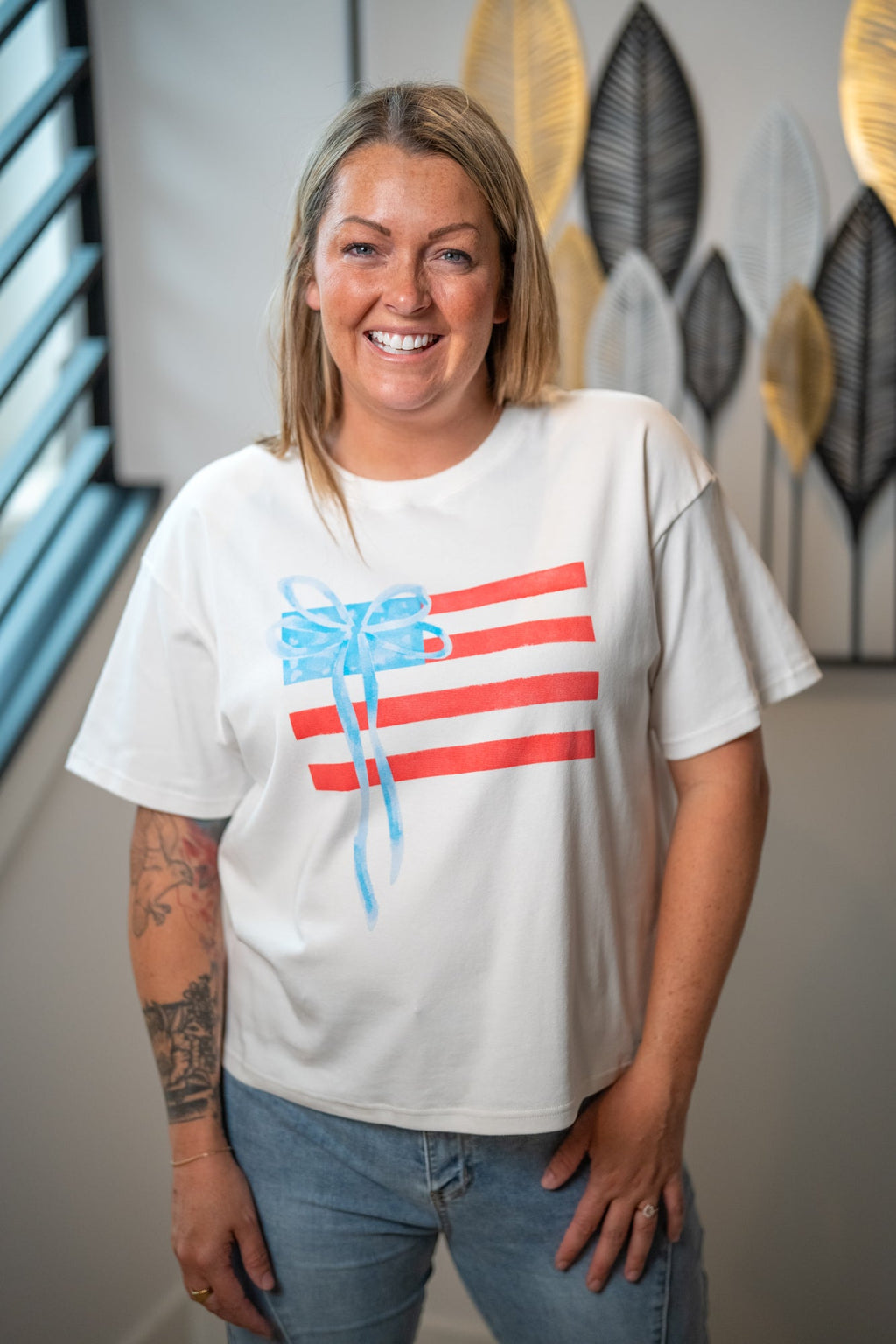 Gilli USA Flag Tee – Round Neck, Red & Blue Bow Graphic, Cotton Blend