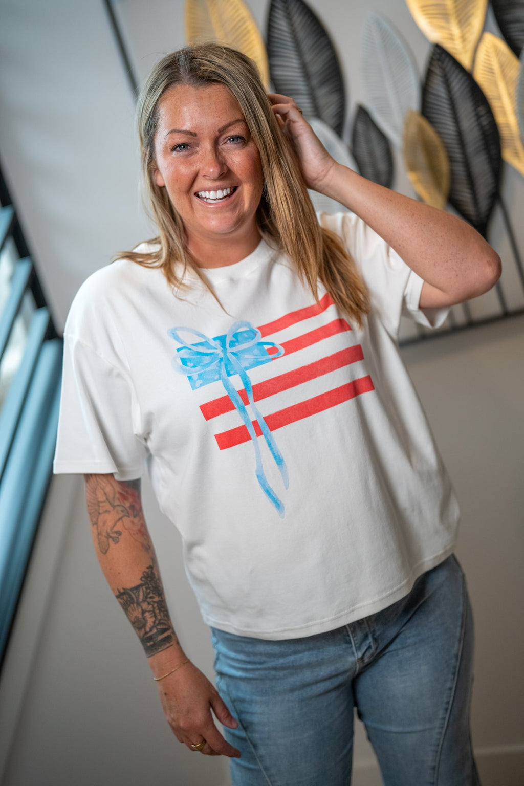 Gilli USA Flag Tee – Round Neck, Red & Blue Bow Graphic, Cotton Blend