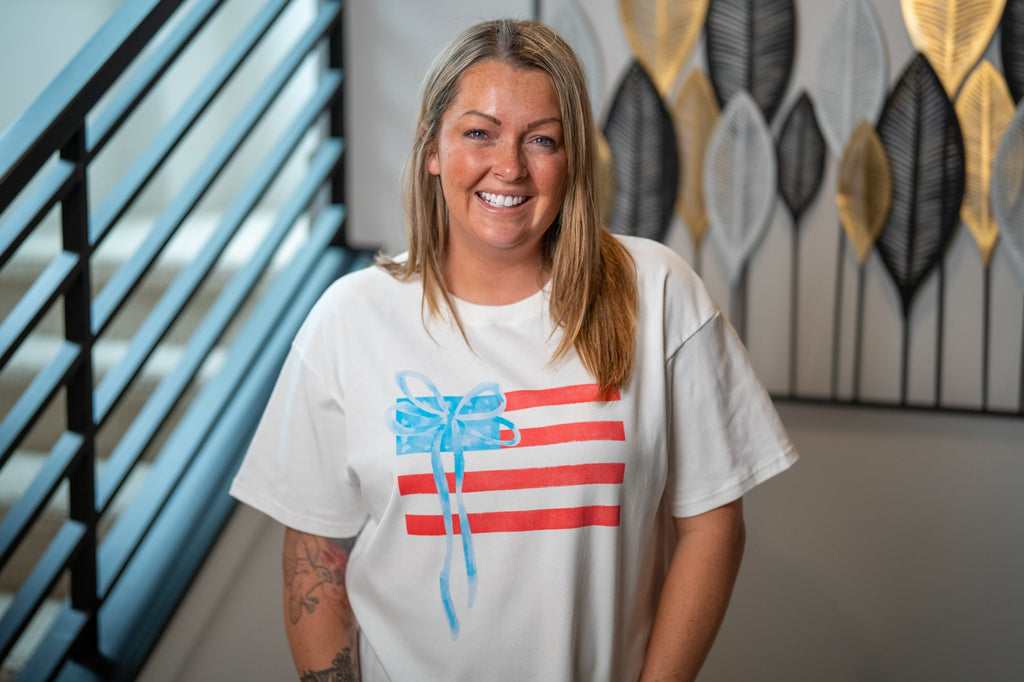 Gilli USA Flag Tee – Round Neck, Red & Blue Bow Graphic, Cotton Blend