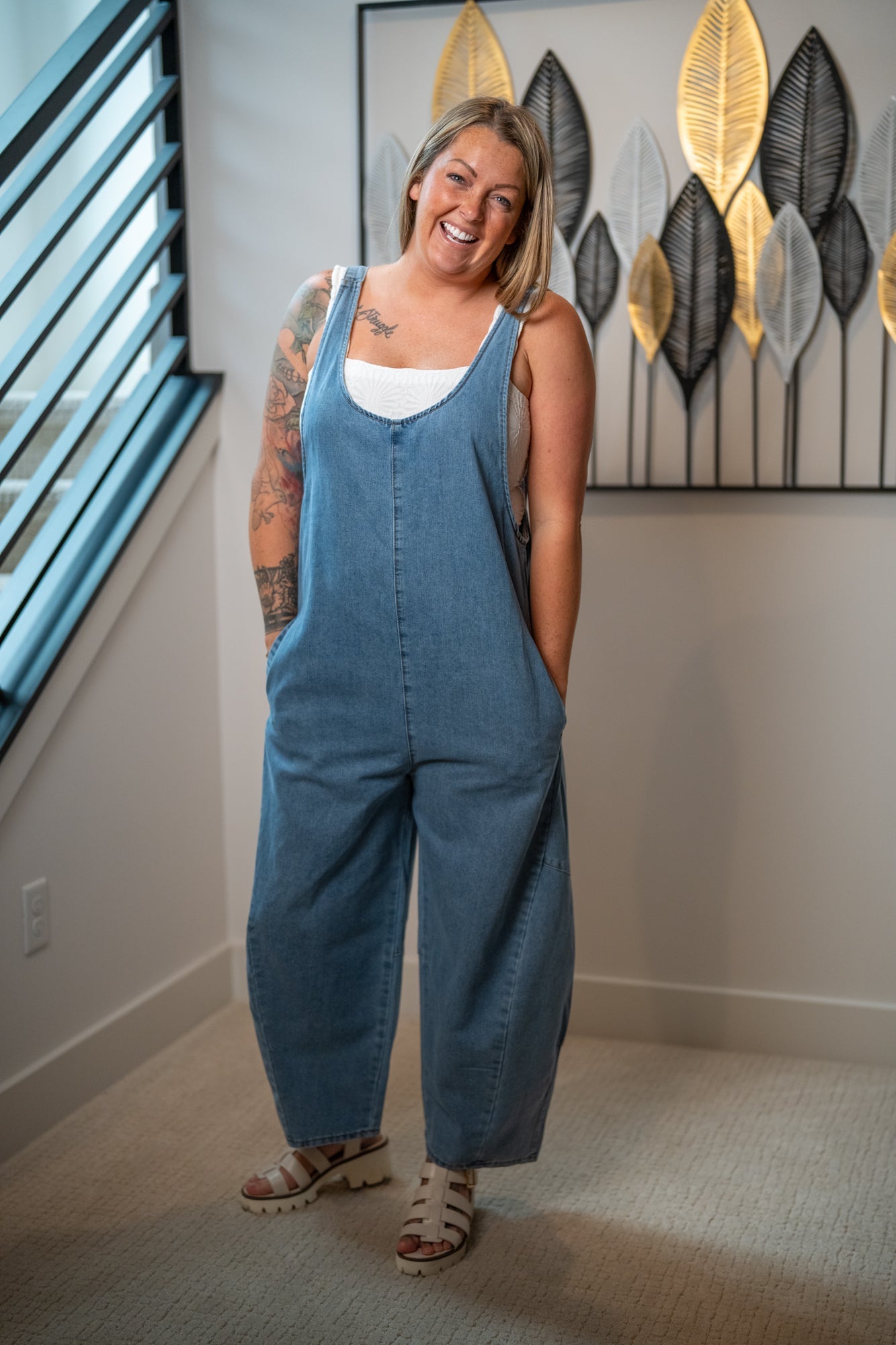 Easel Washed Denim Jumpsuit