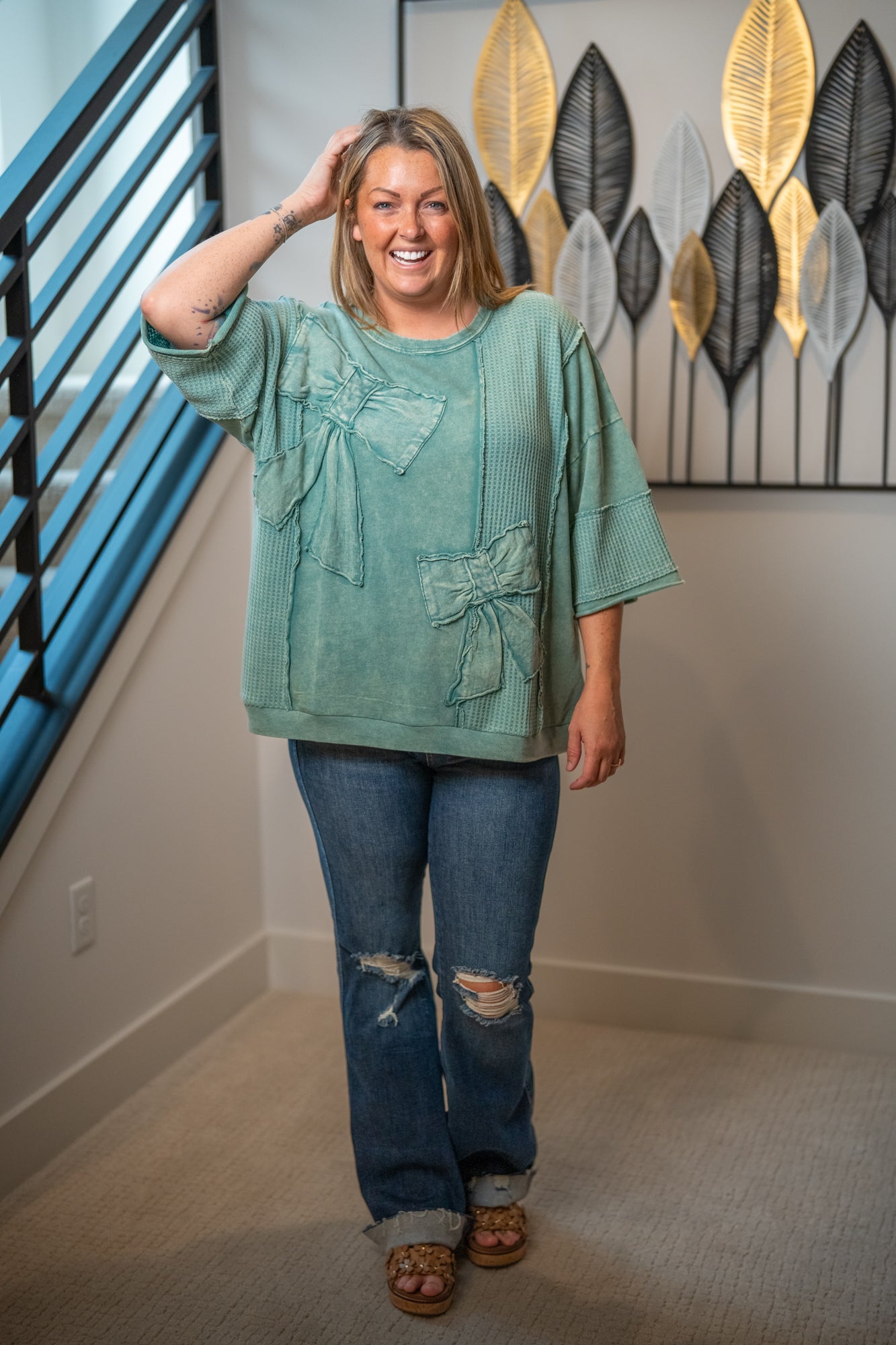 Easel Mineral-Washed Patchwork Bow Tunic Top