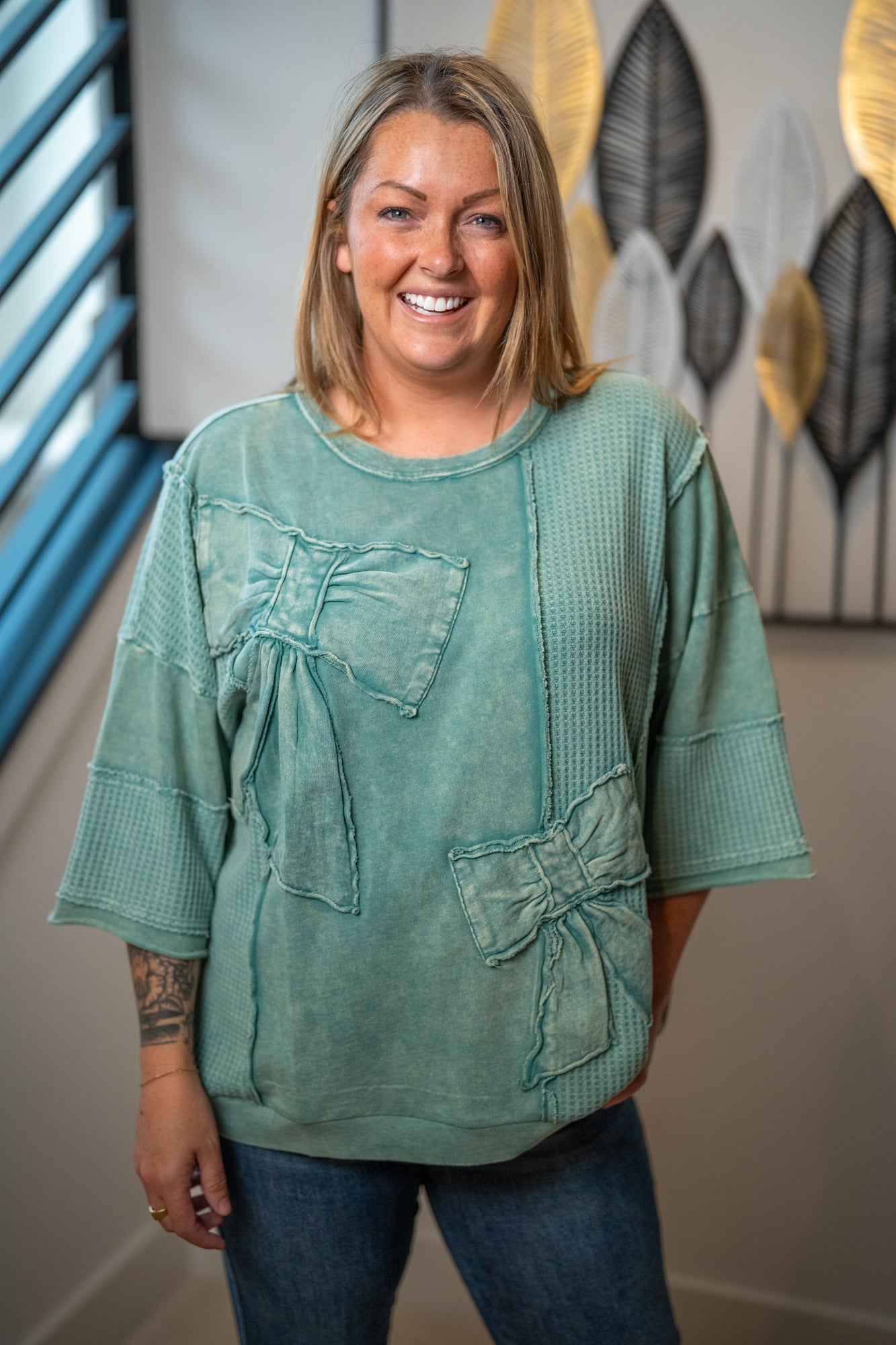 Easel Mineral-Washed Patchwork Bow Tunic Top