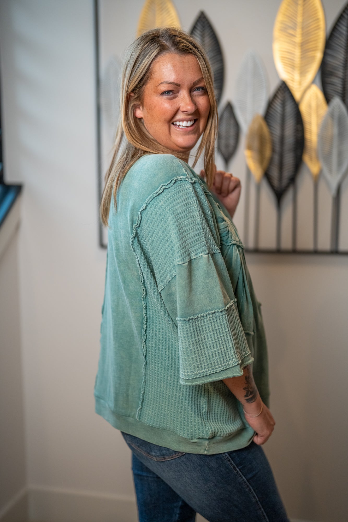 Easel Mineral-Washed Patchwork Bow Tunic Top