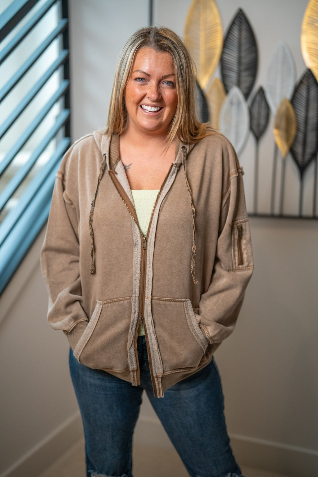 Easel Mocha Mineral Wash Zip Hoodie