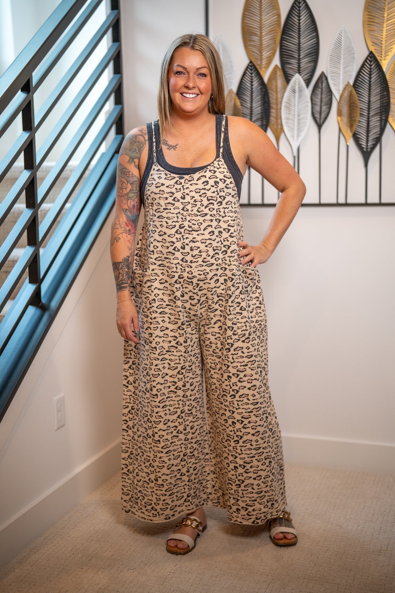 Easel Leopard Terry Jumpsuit – Relaxed Fit, Mineral Washed Cotton