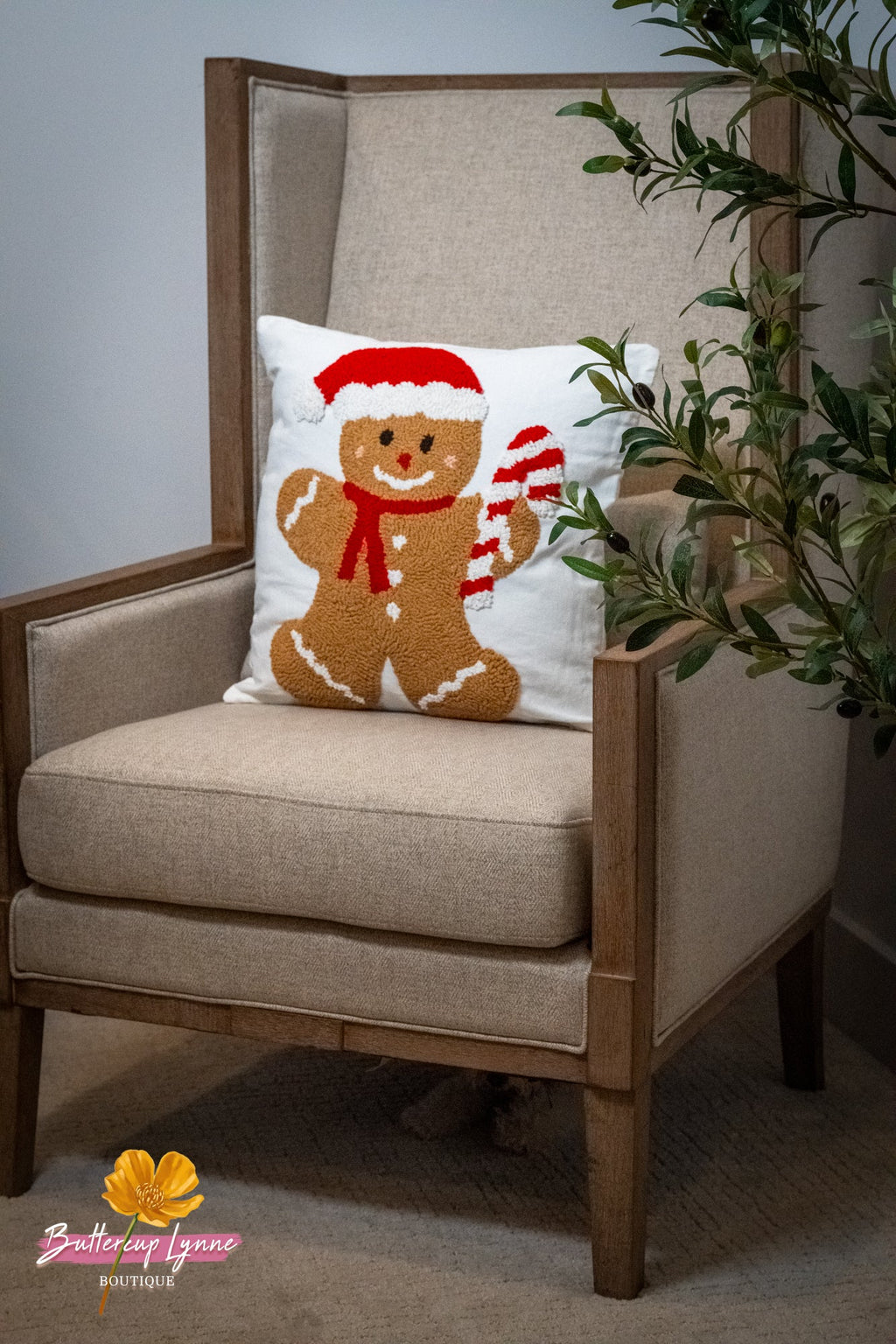 Candy Cane Gingerbread Santa Hooked Pillow