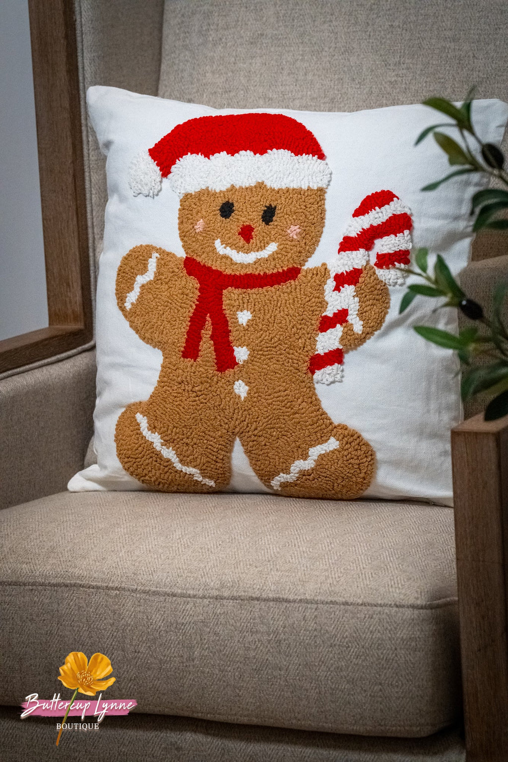 Candy Cane Gingerbread Santa Hooked Pillow