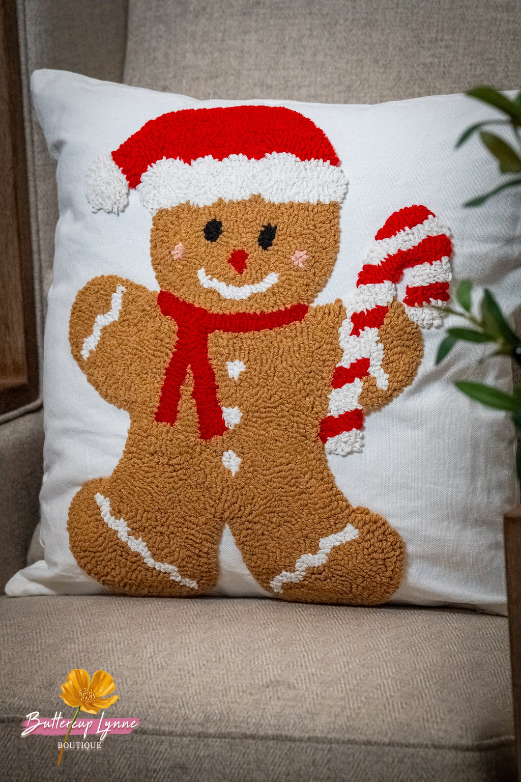 Candy Cane Gingerbread Santa Hooked Pillow