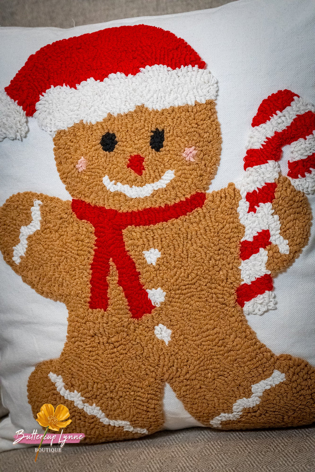 Candy Cane Gingerbread Santa Hooked Pillow