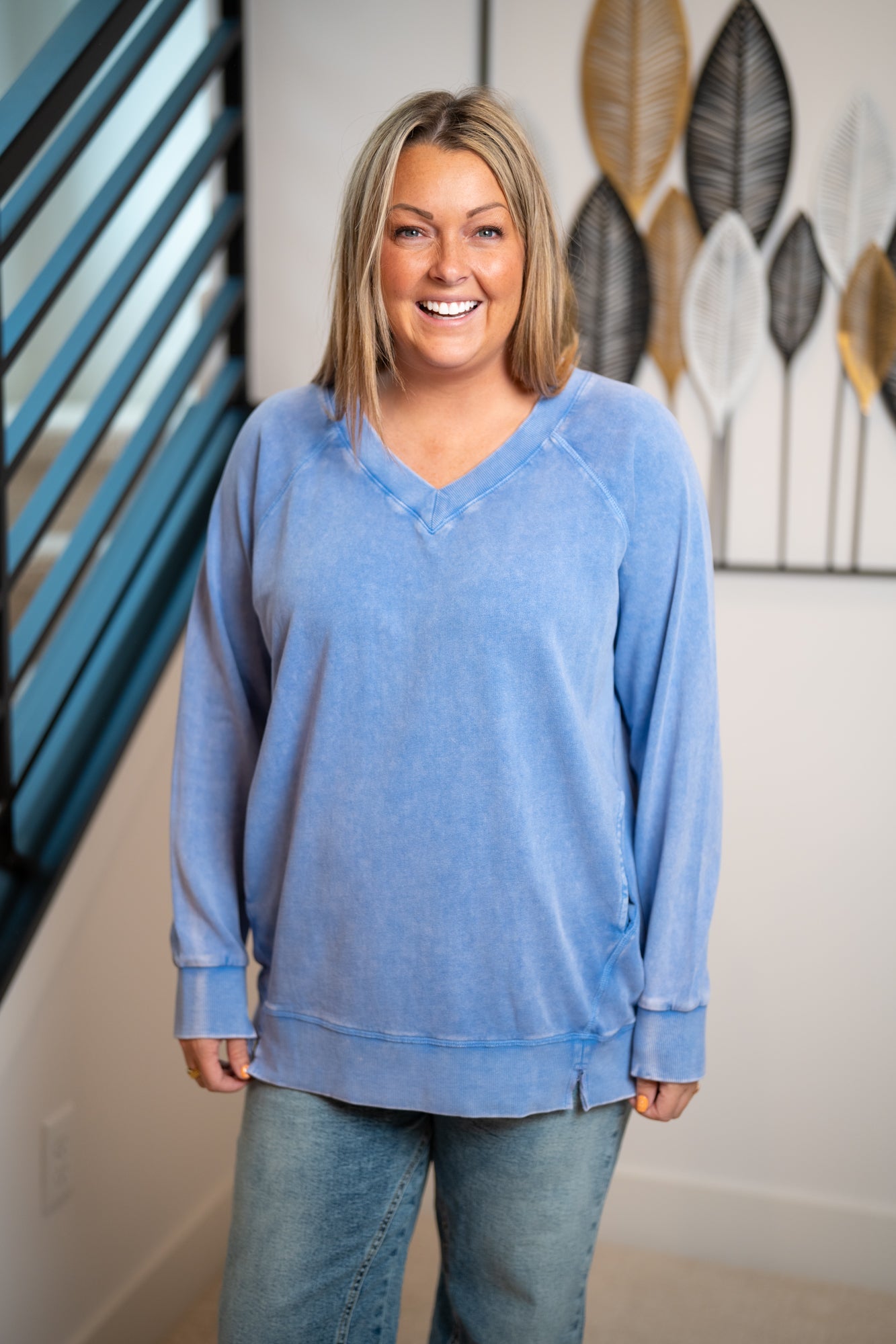 Easel Washed Terry Oversized Pullover with Pockets – Peri Blue