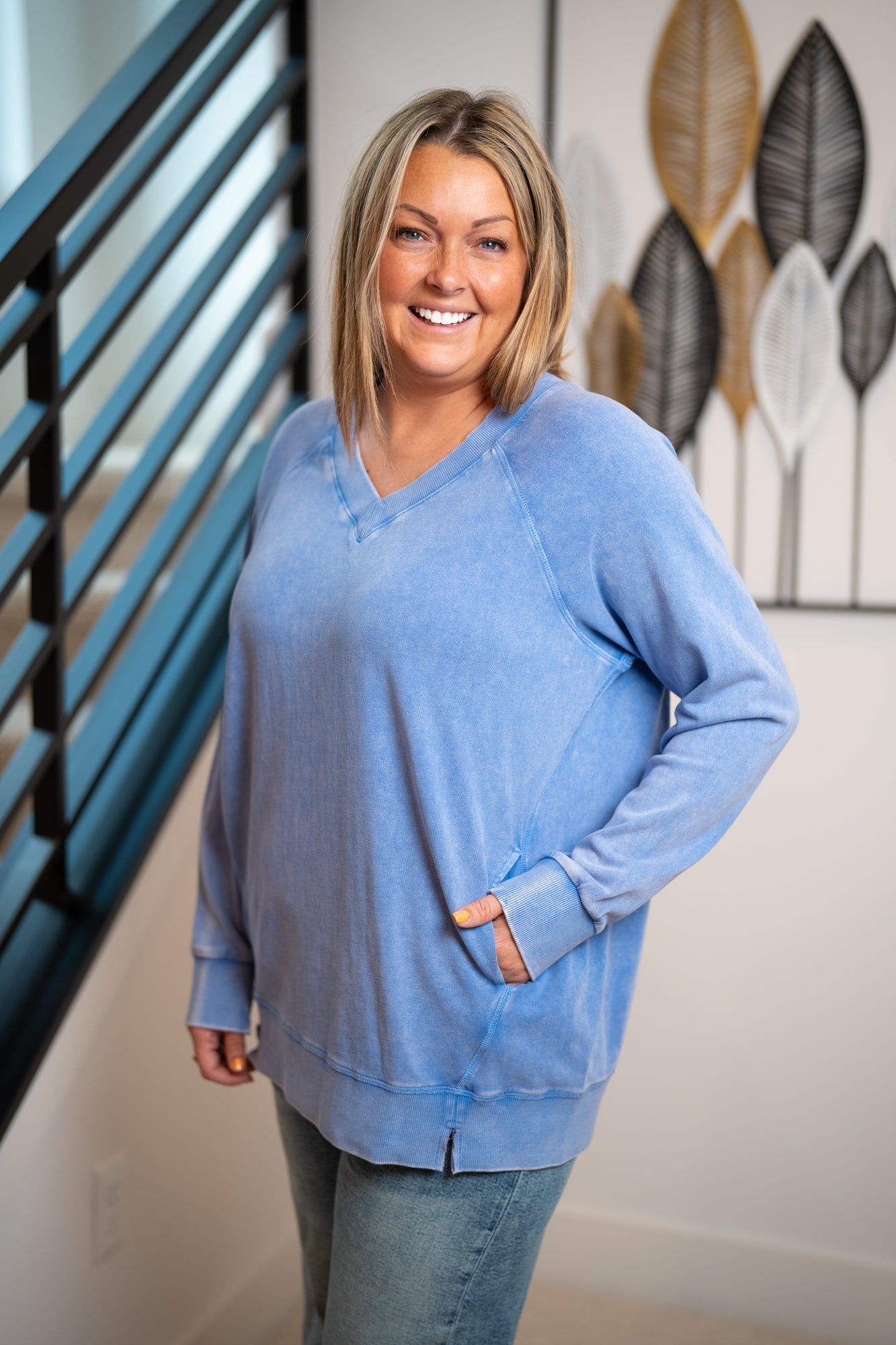 Easel Washed Terry Oversized Pullover with Pockets – Peri Blue