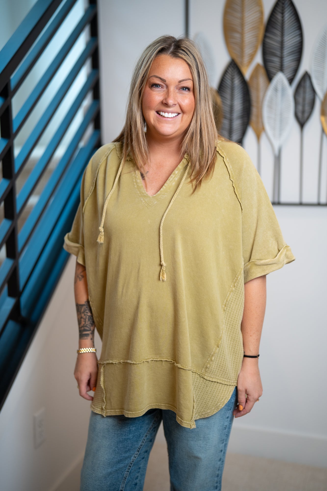 Easel Thermal Mix Terry Knit Mineral Washed Hoodie Pullover – Olive Sage