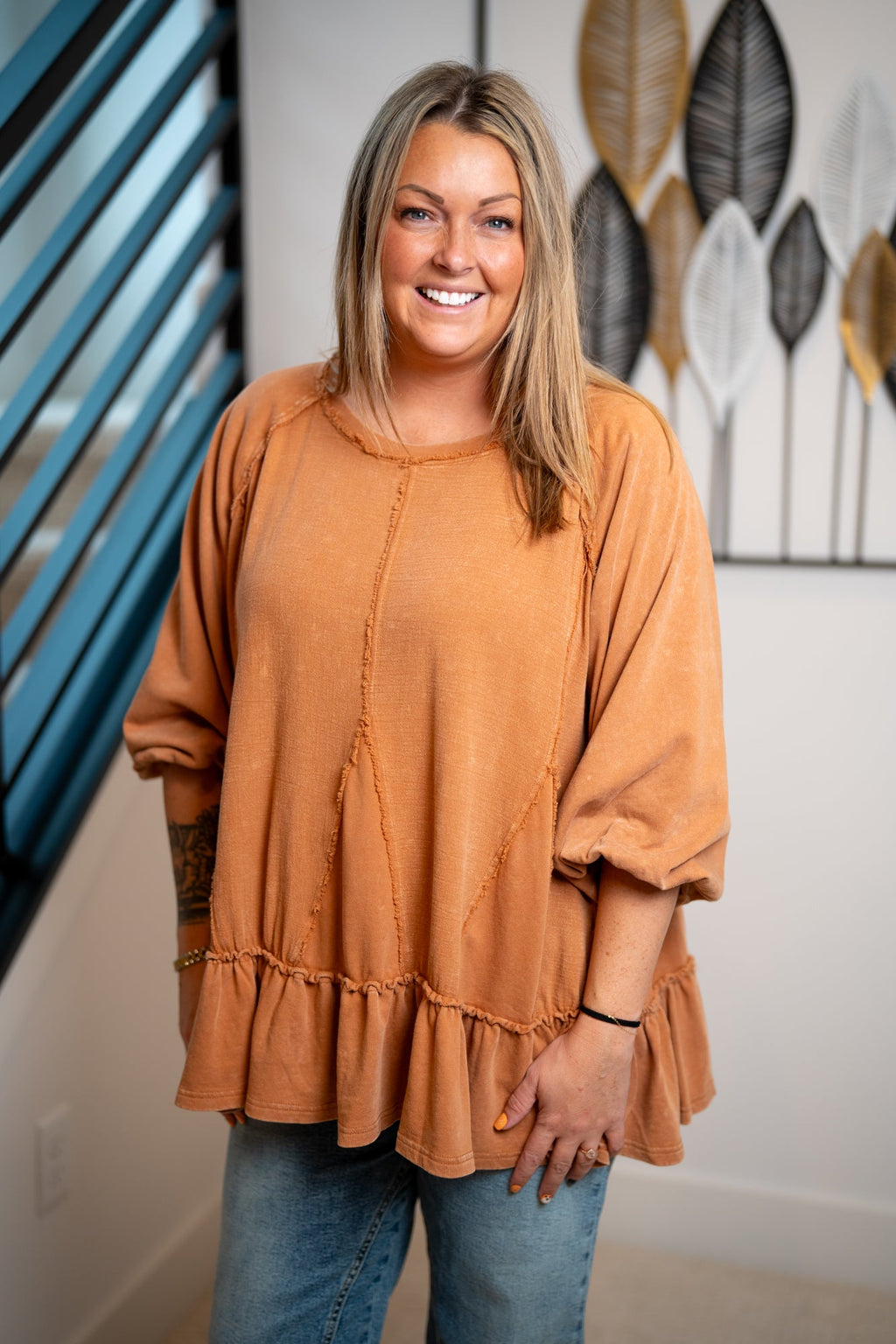 Easel Washed Terry Ruffle Bottom Top