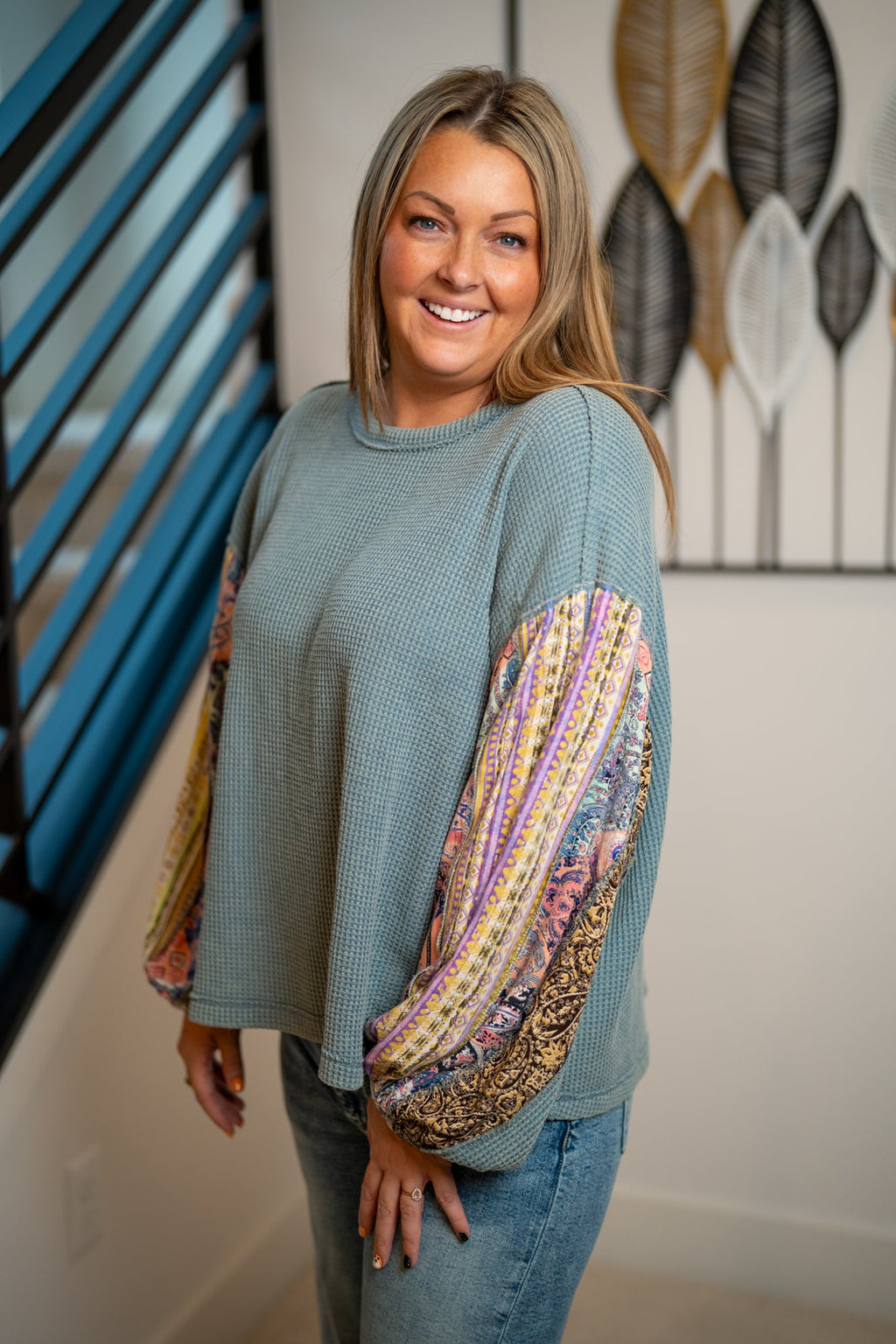 Easel Mix Print Washed Thermal Pullover – Dusty Blue