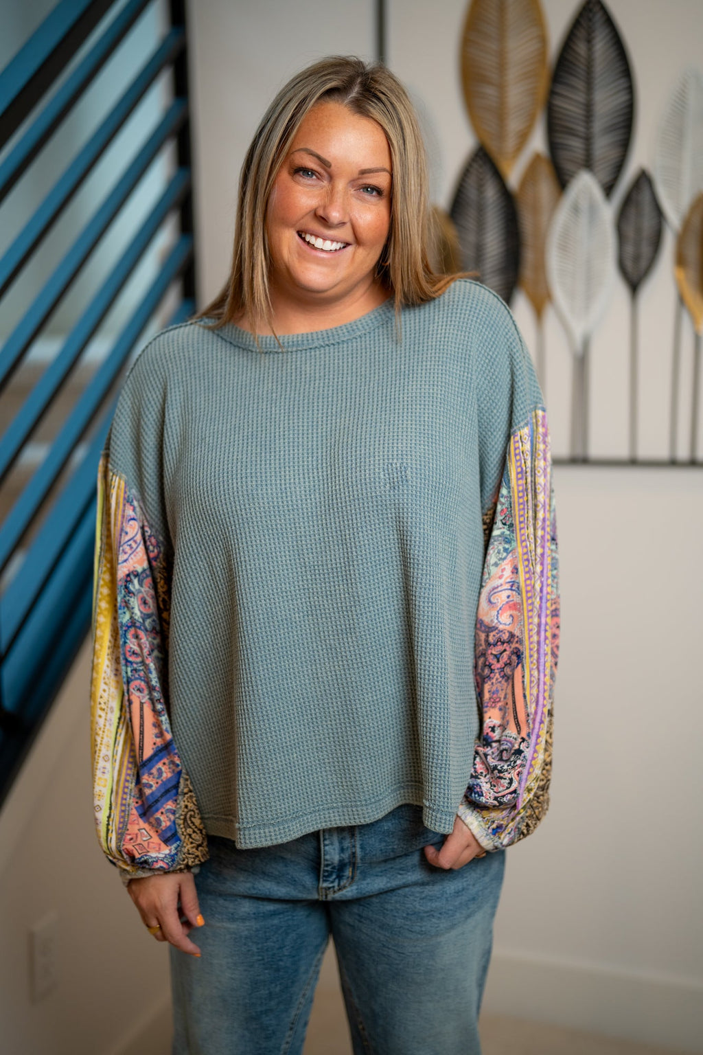Easel Mix Print Washed Thermal Pullover – Dusty Blue