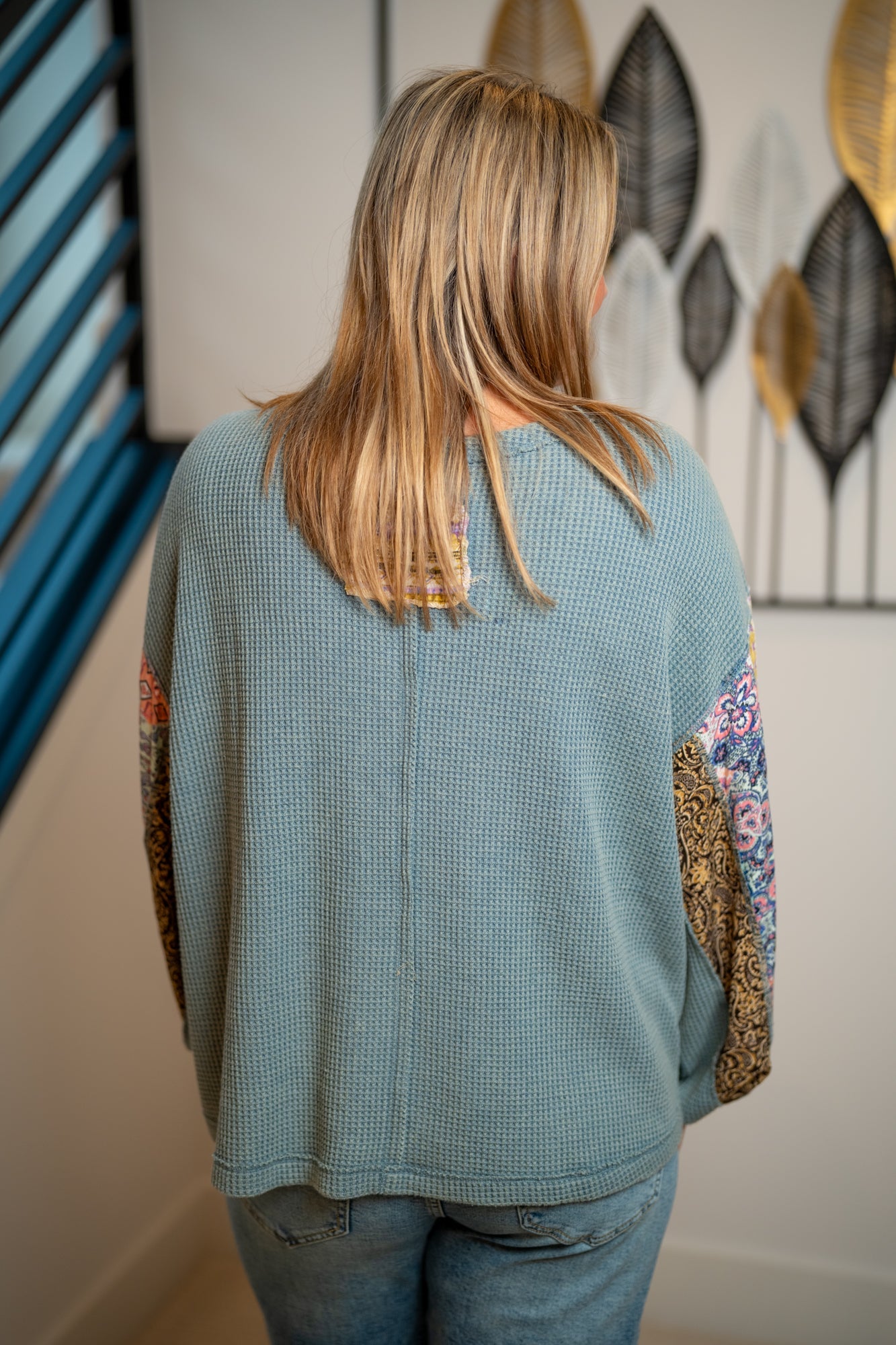 Easel Mix Print Washed Thermal Pullover – Dusty Blue