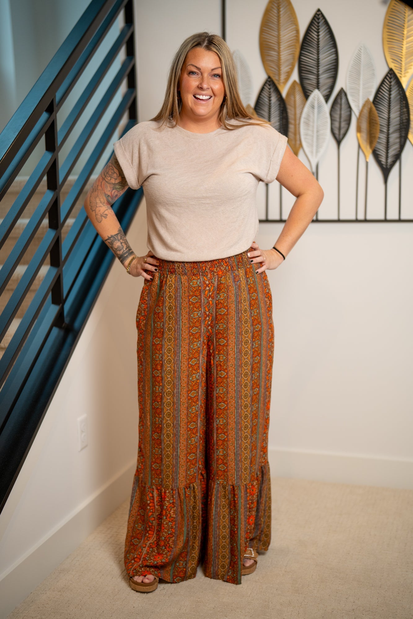 Easel Smocked Waist Ruffle-Hem Pants