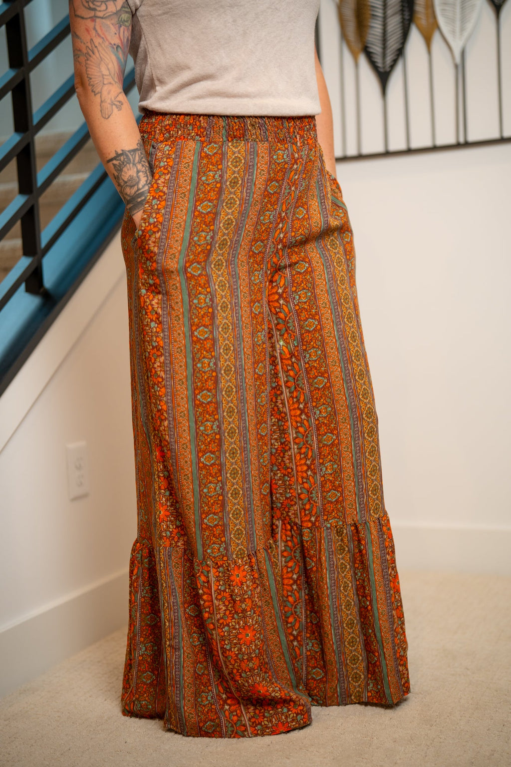 Easel Smocked Waist Ruffle-Hem Pants