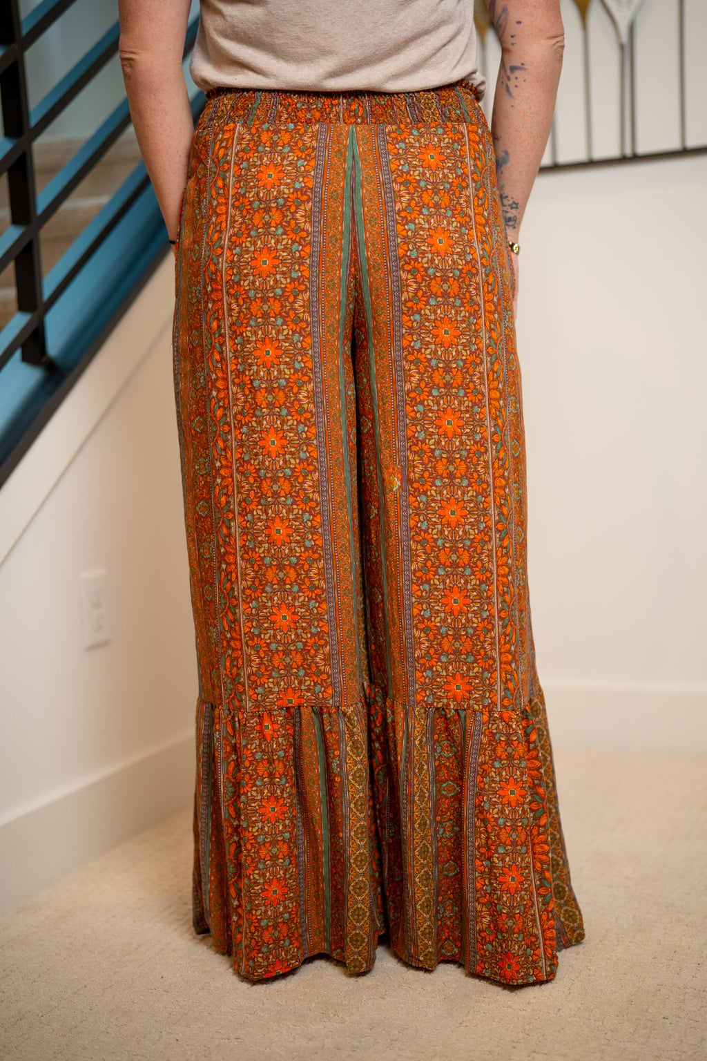 Easel Smocked Waist Ruffle-Hem Pants