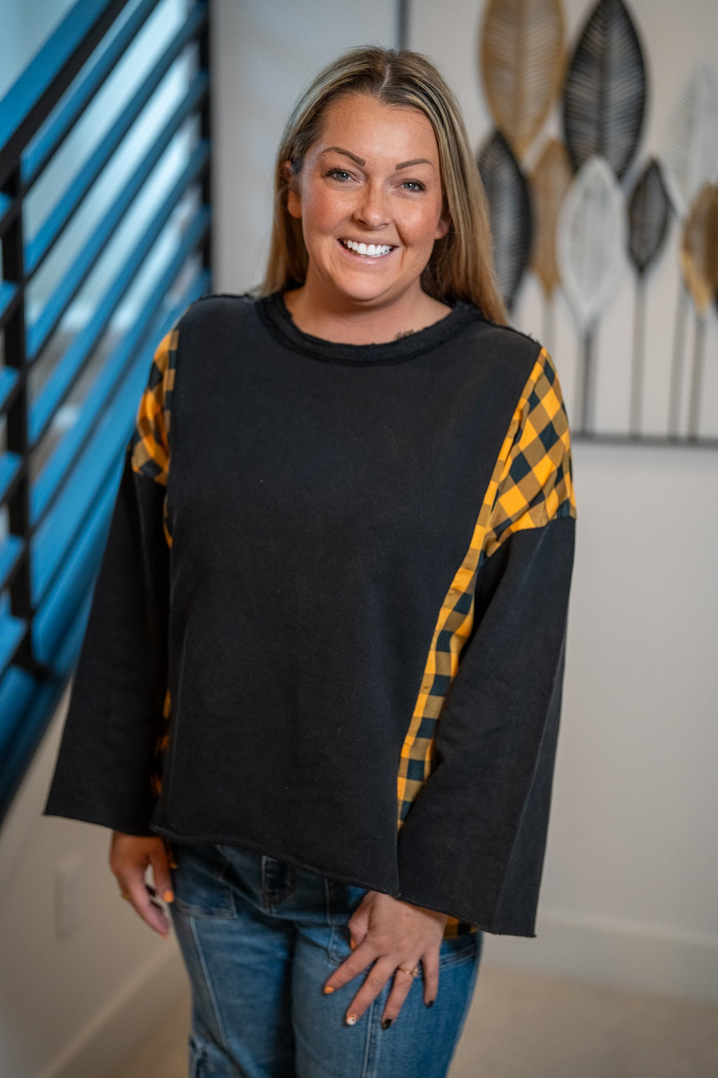 Mello Spooky Face Jack-O’-Lantern Top – Halloween Plaid Accent