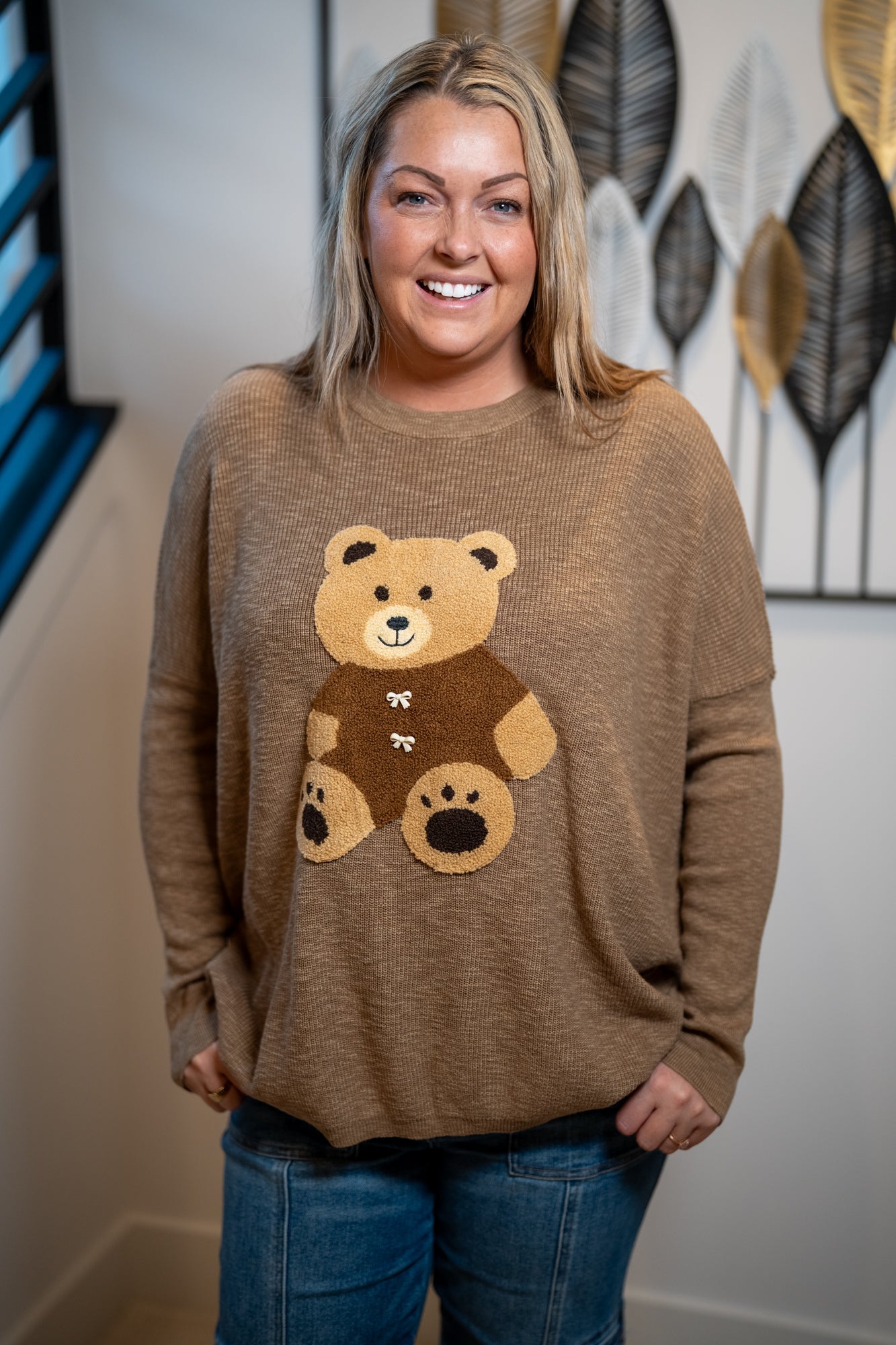 Easel Teddy Bear Patch Front Sweater