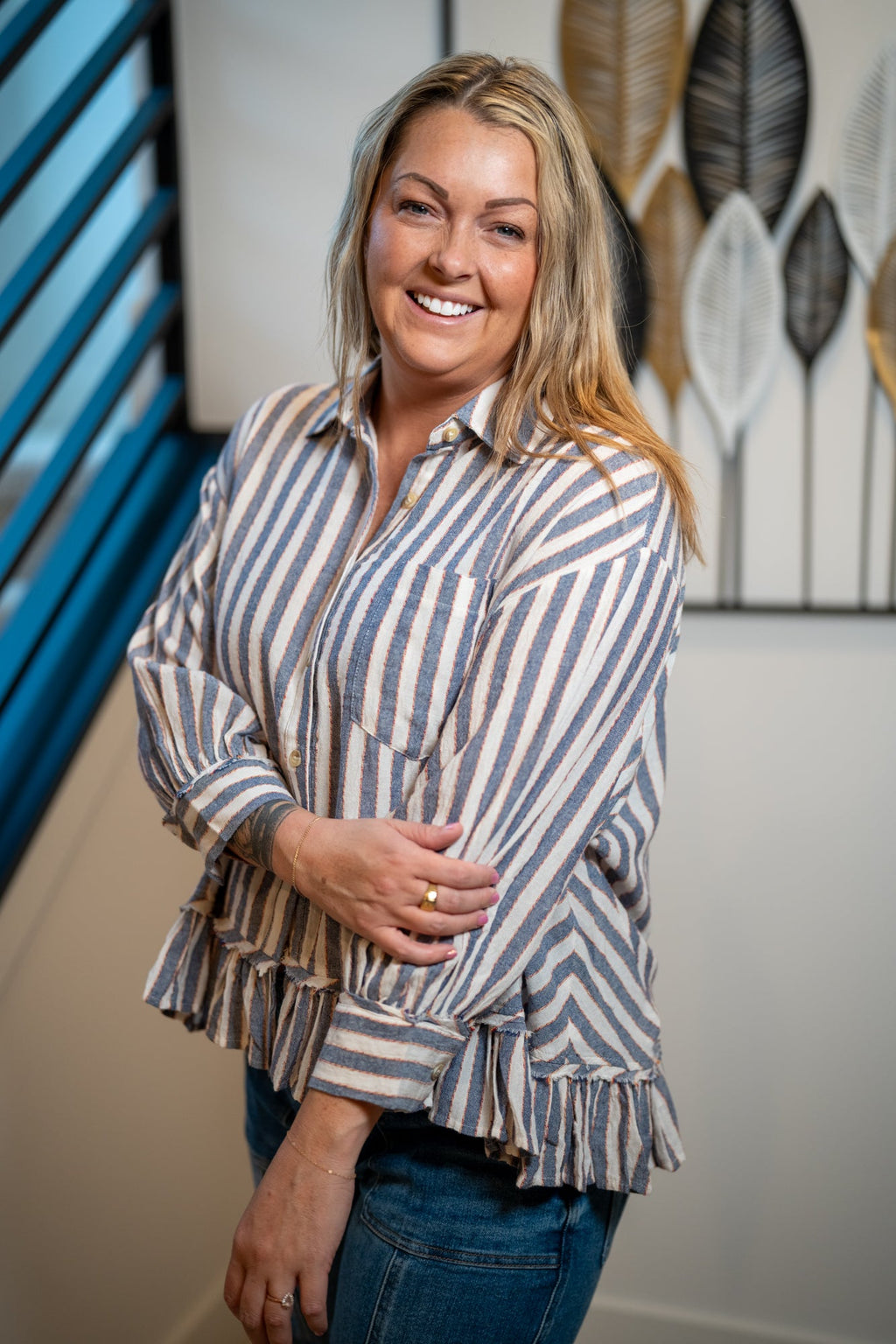 Easel 3/4 Sleeve Striped Linen Shirt