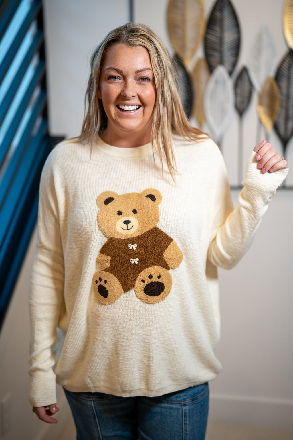 Easel Teddy Bear Patch Front Sweater