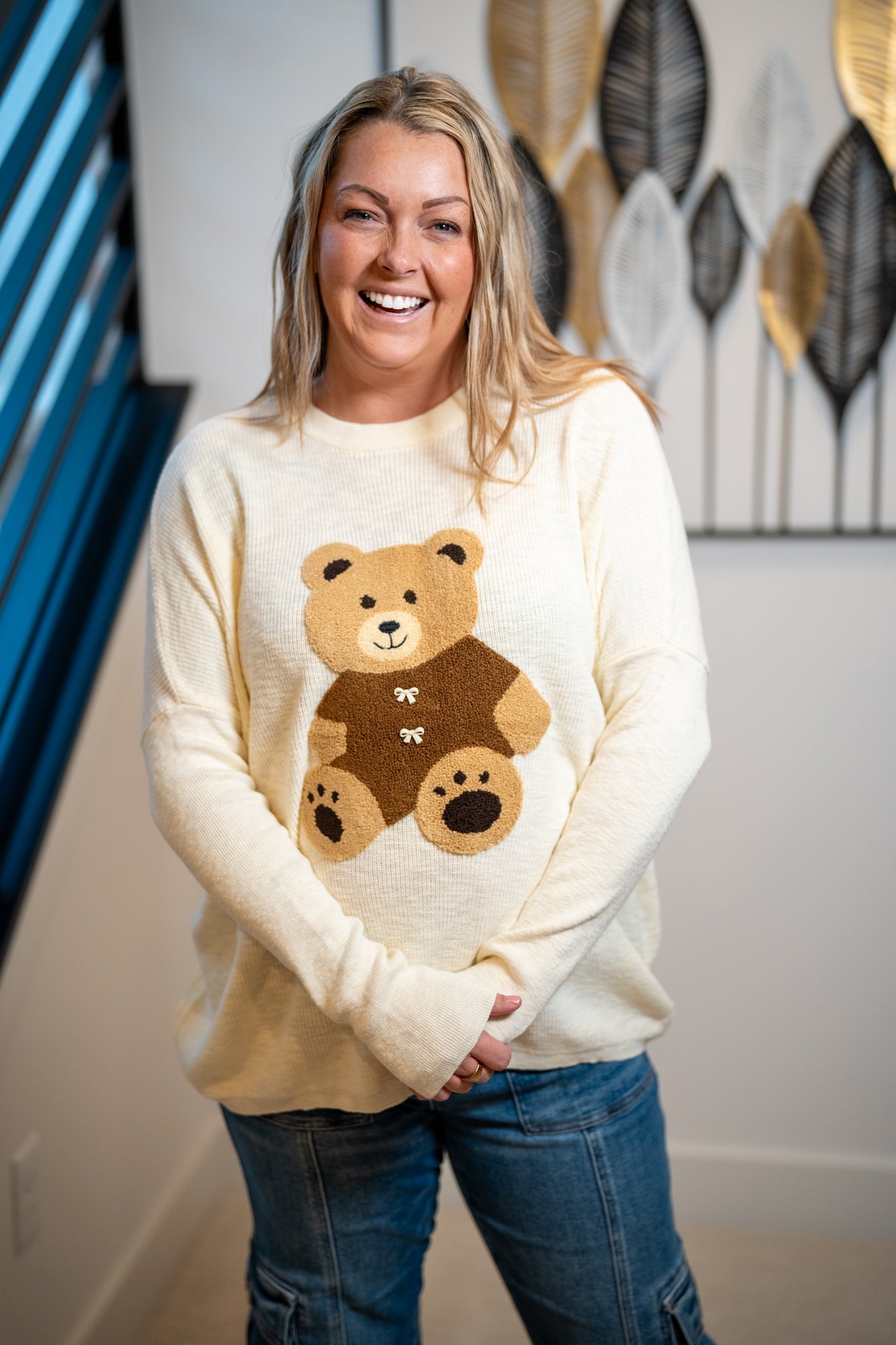 Easel Teddy Bear Patch Front Sweater