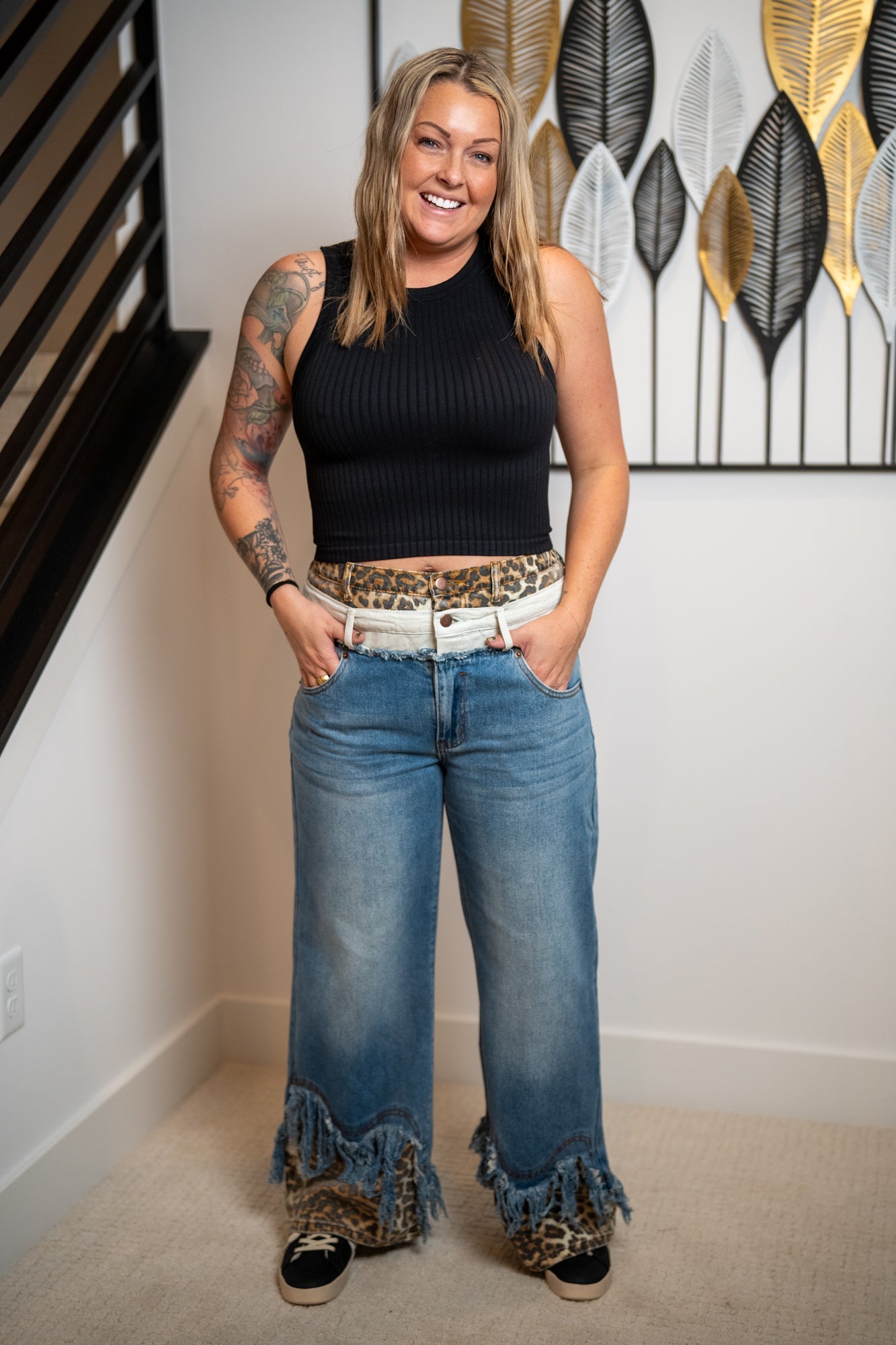 Oli & Hali Washed Double Waisted with Frayed Hem Jeans