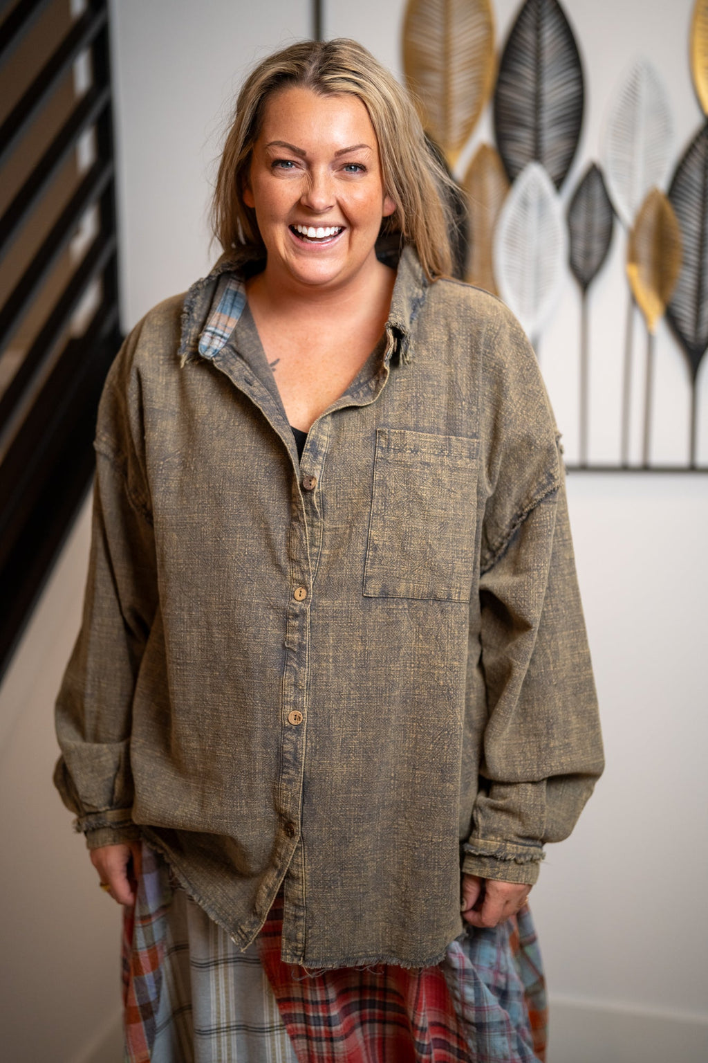 Oli & Hali Washed Patchwork Button Front Top