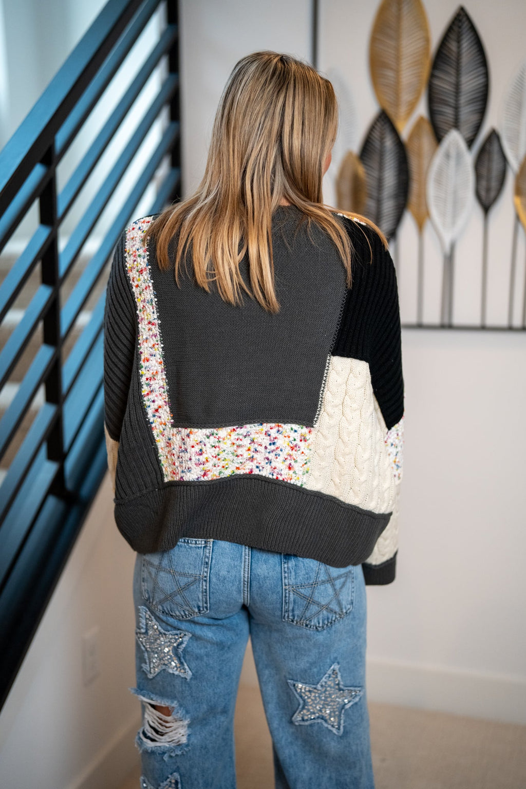 Mello Multi Fabric Color Block Lace Sweater