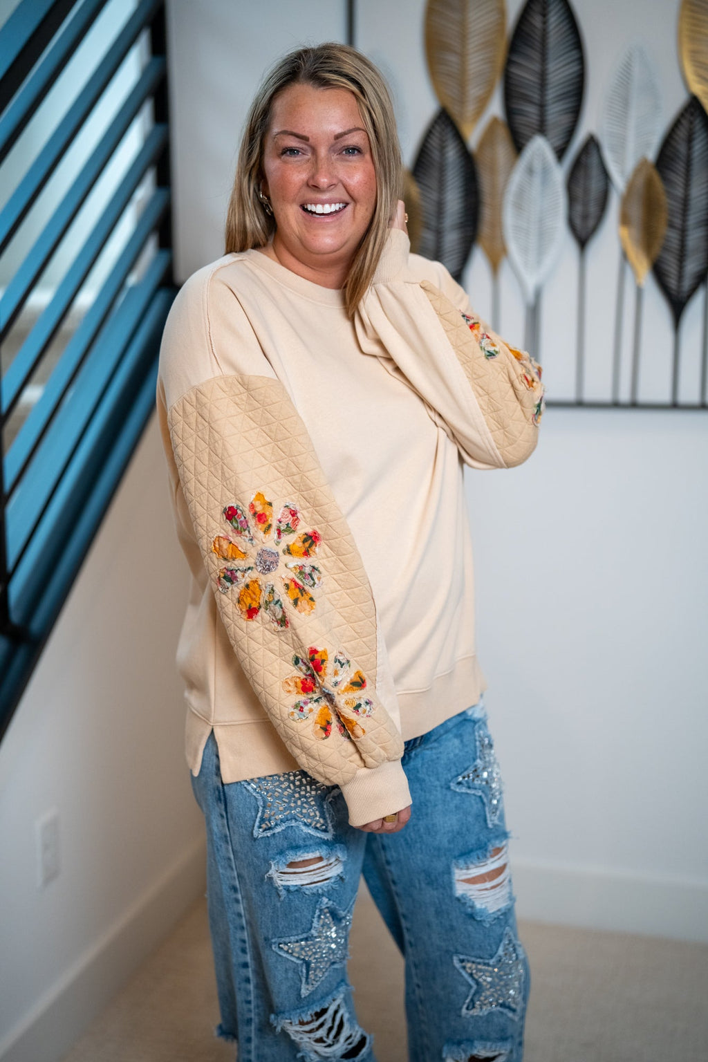 Easel Quilted Sleeve Floral Patch Pullover
