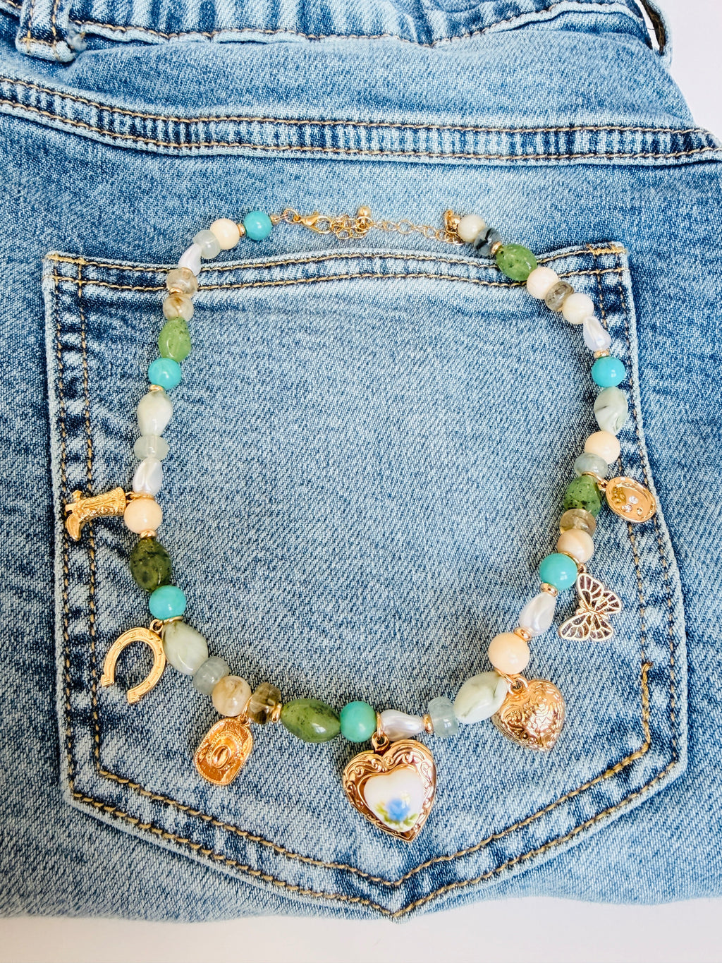 Heart Charm Stone Necklace - Cowgirl Chrome accessory