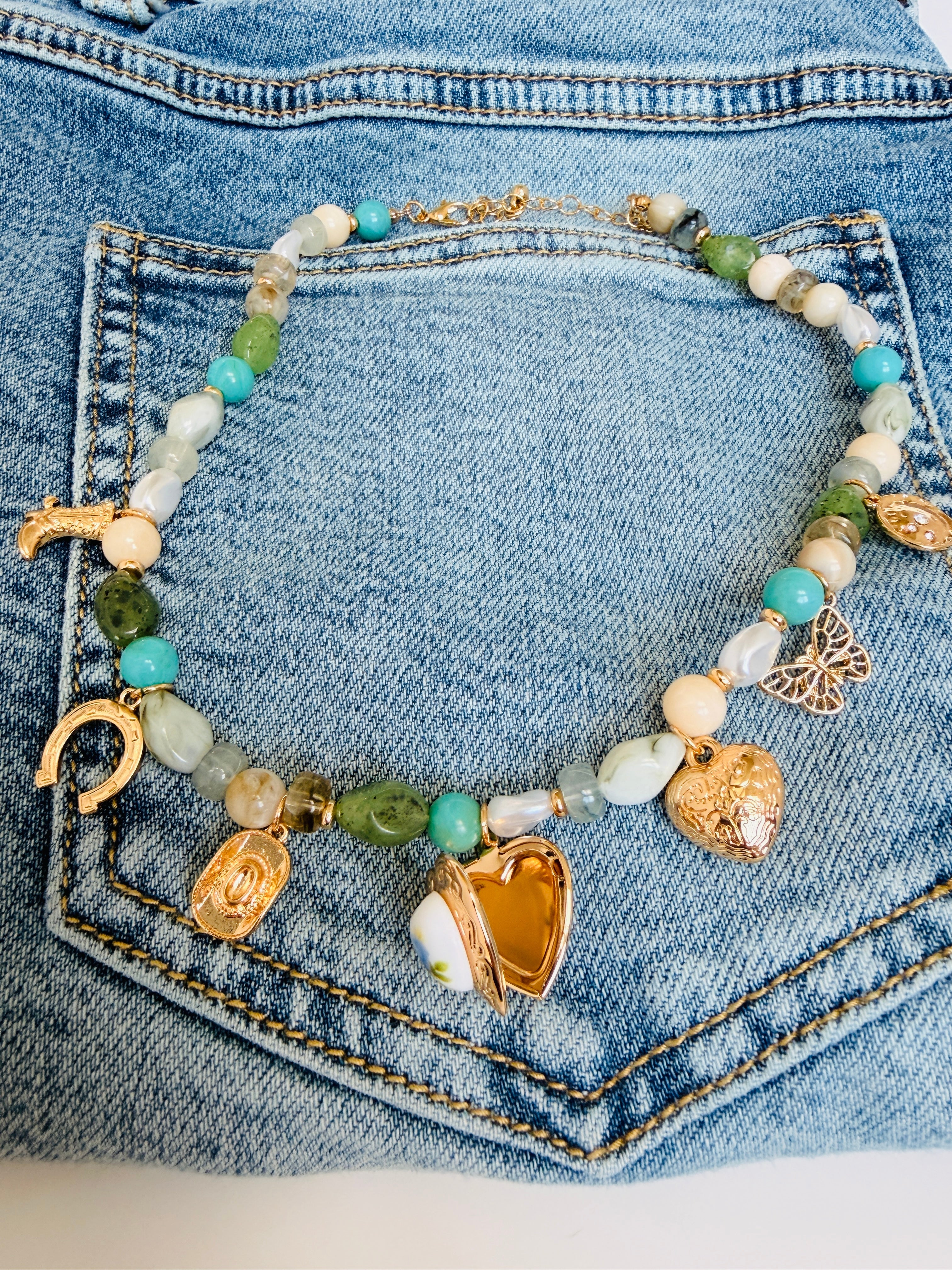 Heart Charm Stone Necklace - Cowgirl Chrome accessory