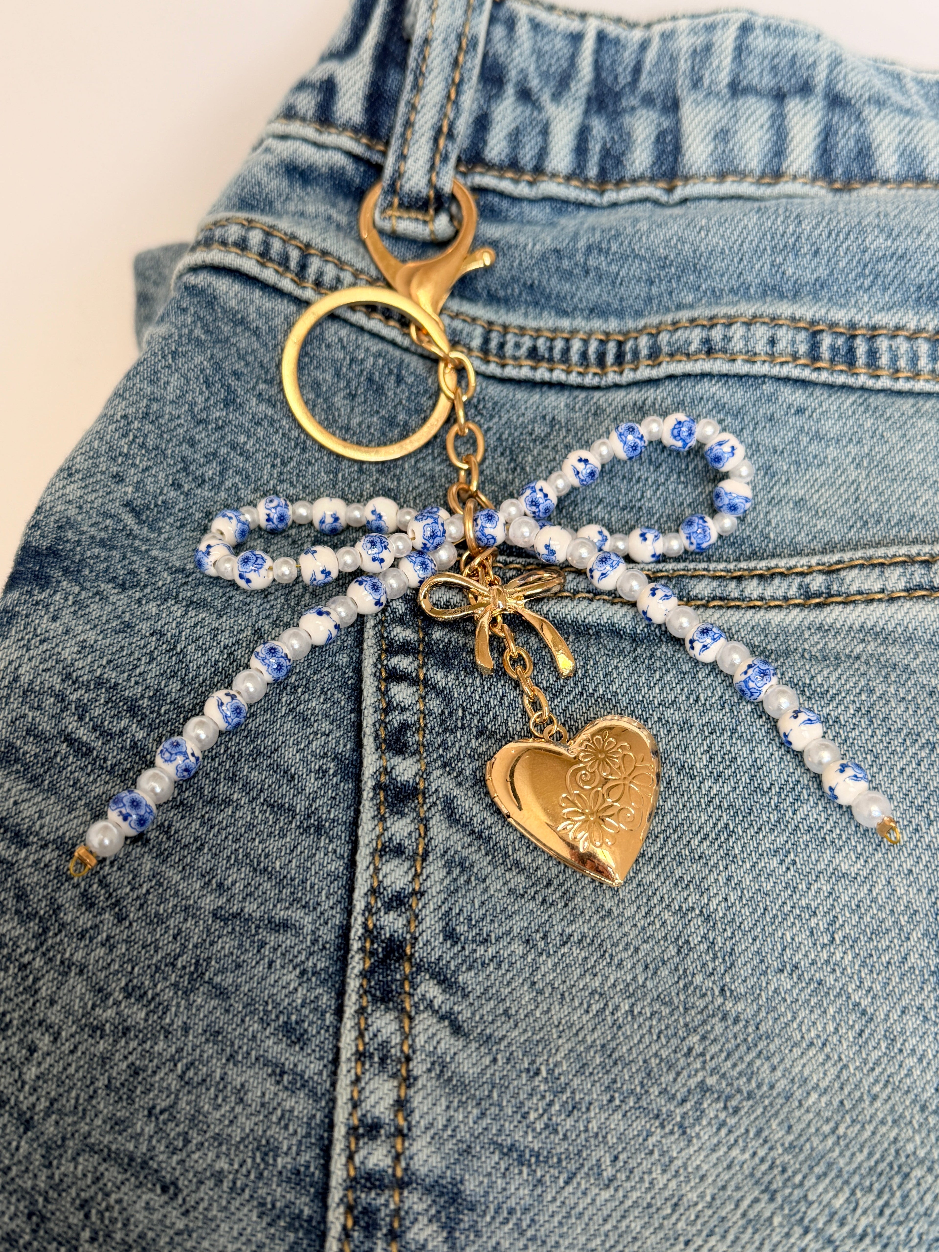 Ceramic Beaded Bow Locket Heart Keychain