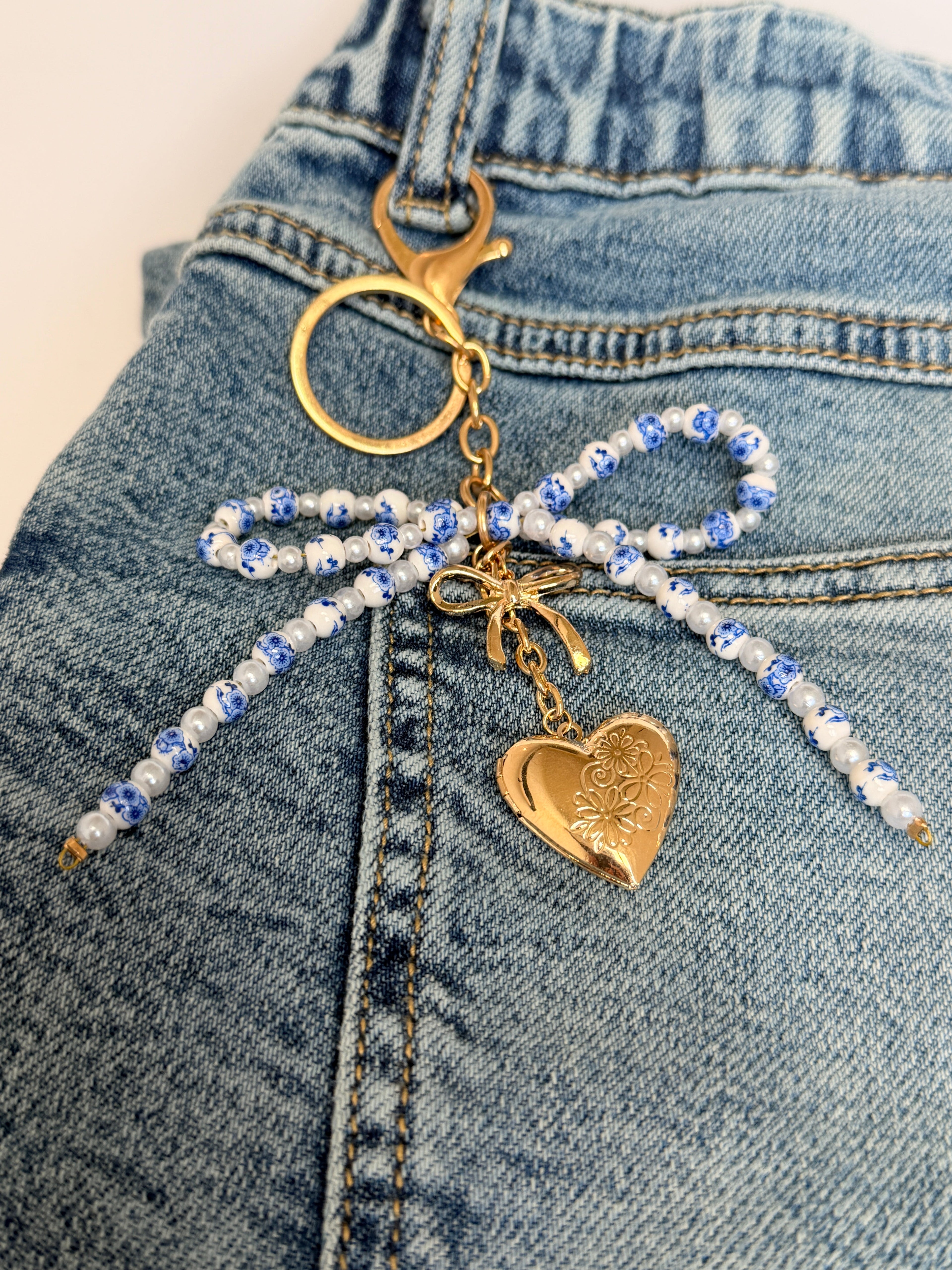 Ceramic Beaded Bow Locket Heart Keychain