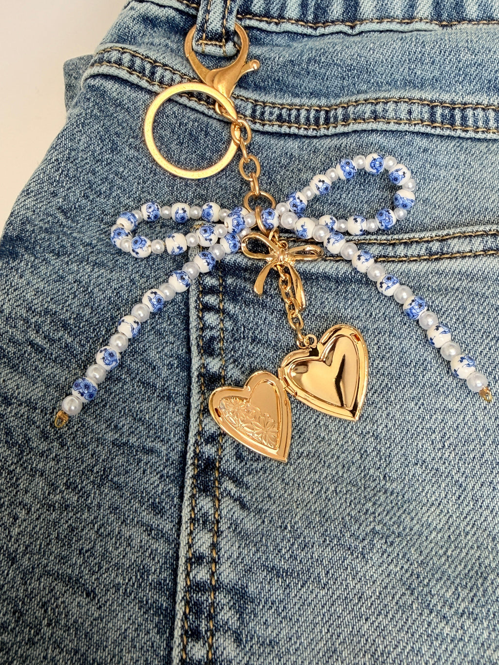 Ceramic Beaded Bow Locket Heart Keychain
