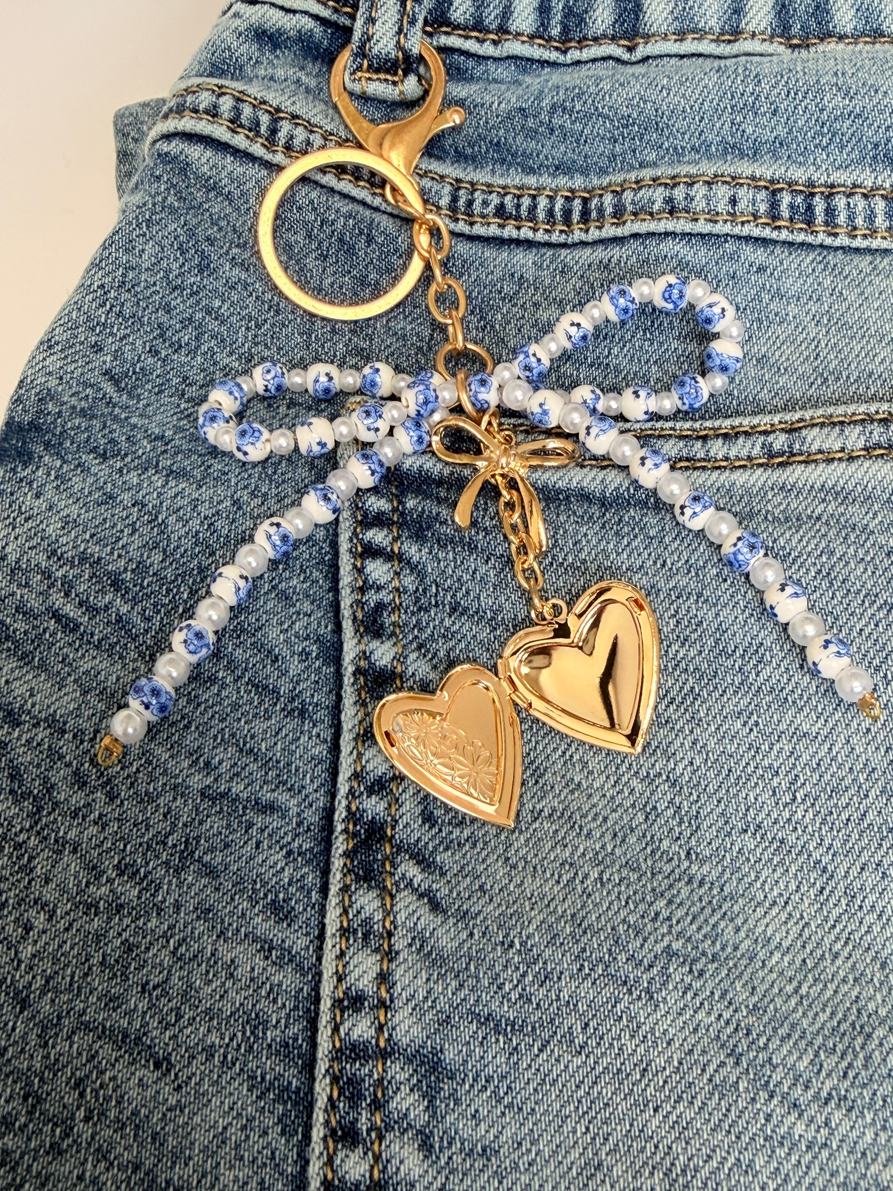 Ceramic Beaded Bow Locket Heart Keychain