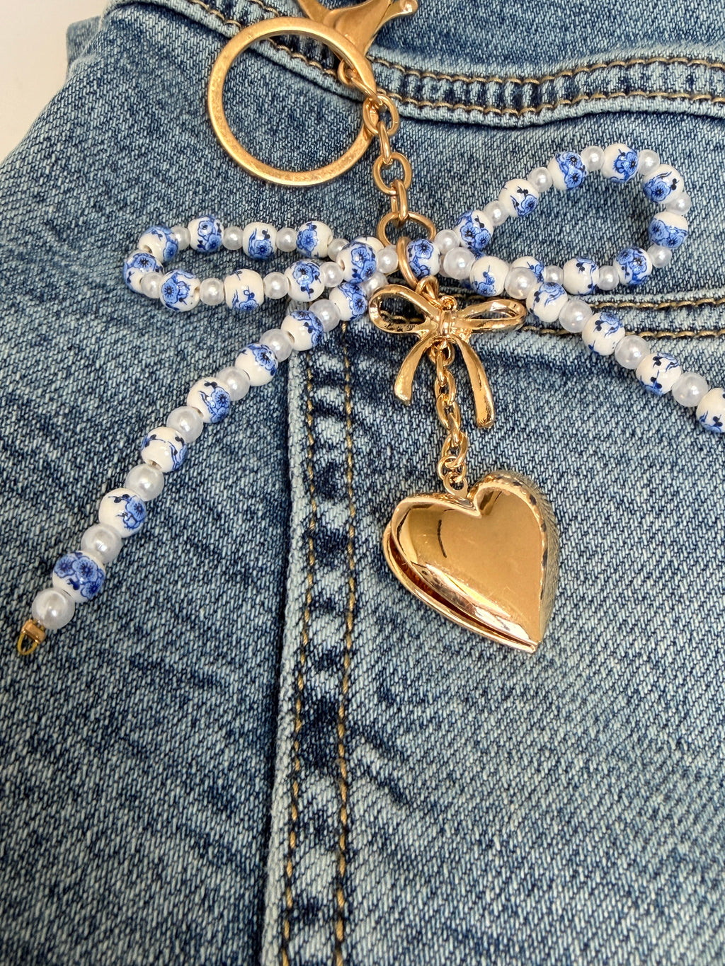 Ceramic Beaded Bow Locket Heart Keychain