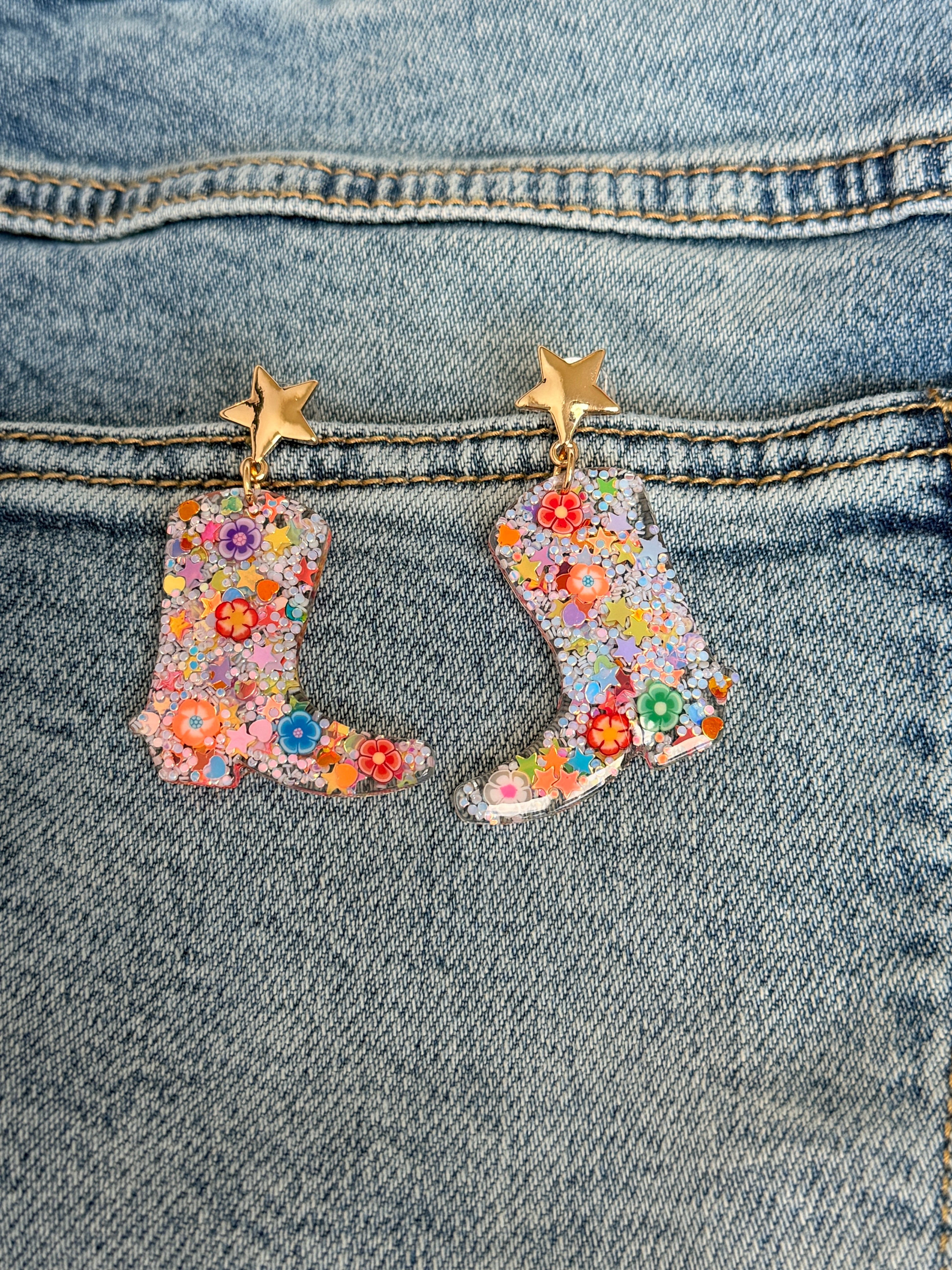 White Multi Cowboy Boot Stud Earrings