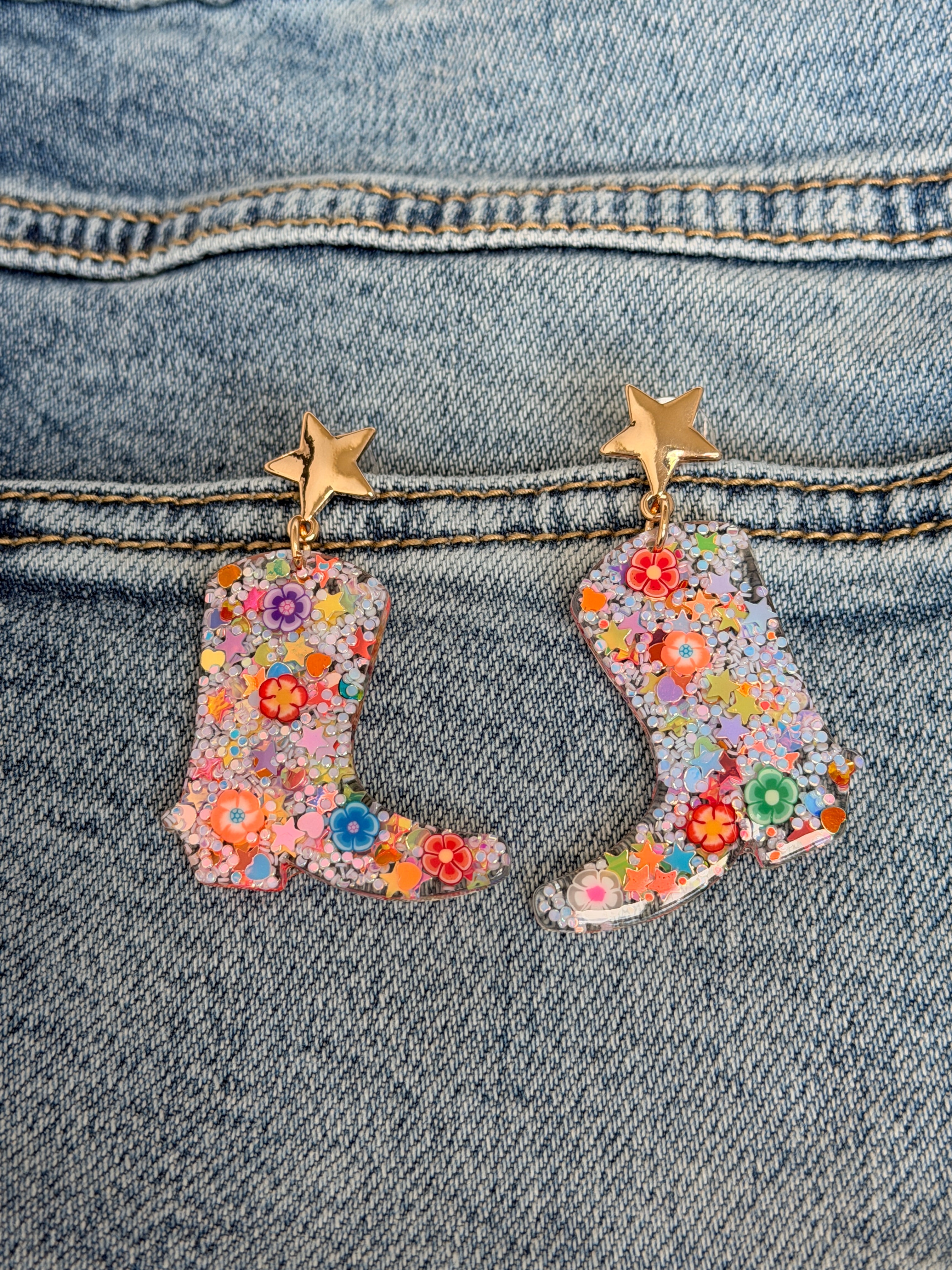 White Multi Cowboy Boot Stud Earrings