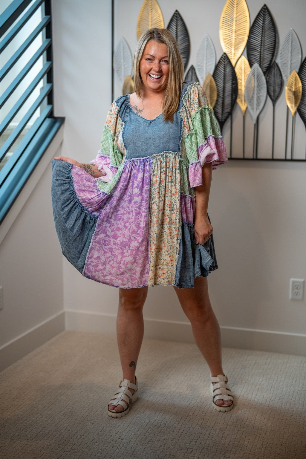 Oli & Hali Washed Mixed Print Ruffle Tunic Dress