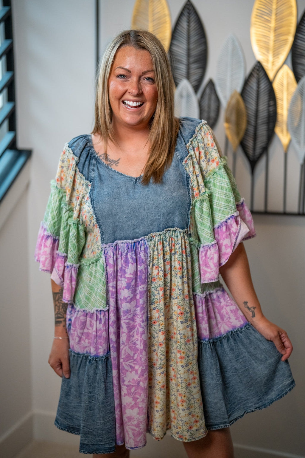 Oli & Hali Washed Mixed Print Ruffle Tunic Dress