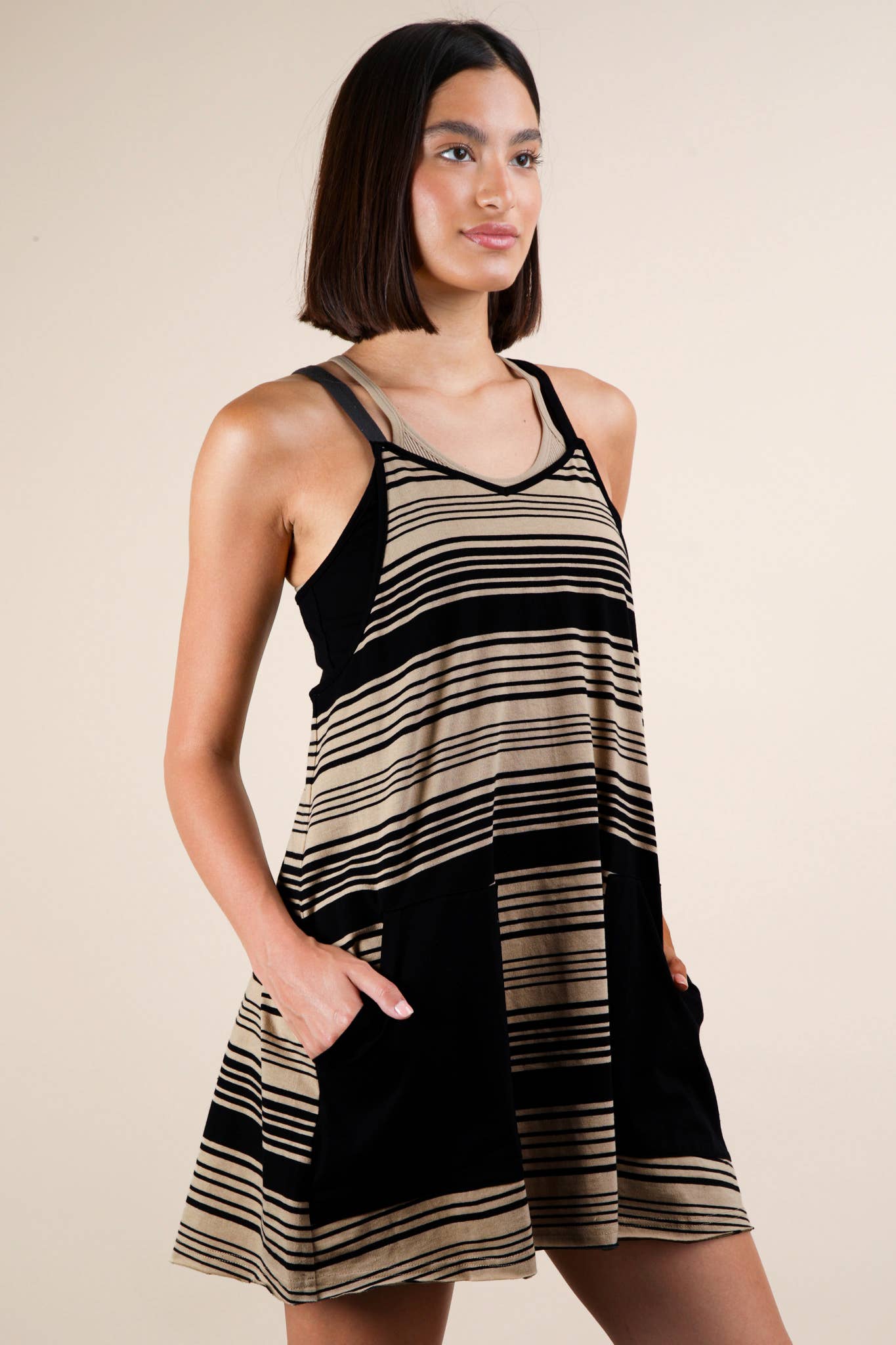 ND31600-Comfy Striped Knit Mini Dress W/ Shorts Inside