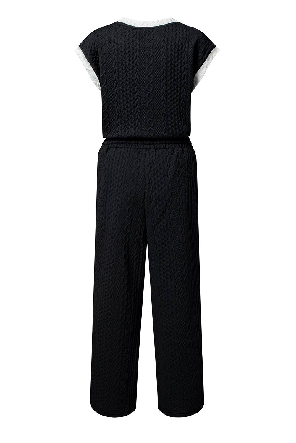 Cable Knit Contrast Trim Short Sleeve Top and Pants Set