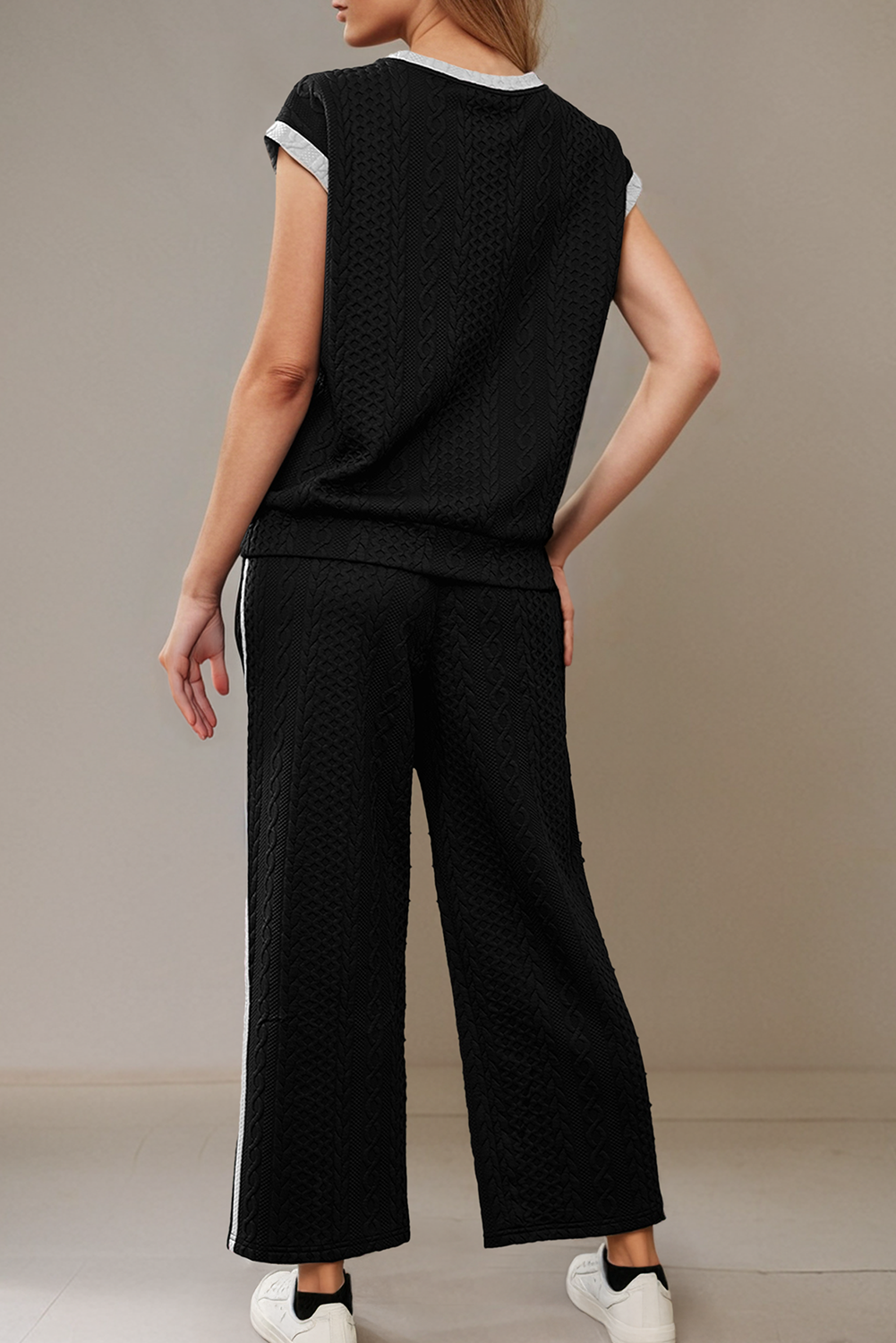 Cable Knit Contrast Trim Short Sleeve Top and Pants Set