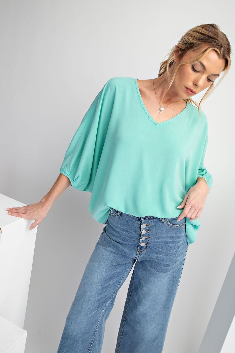 Easel Oversized Pleated V-Neck Dolman Top