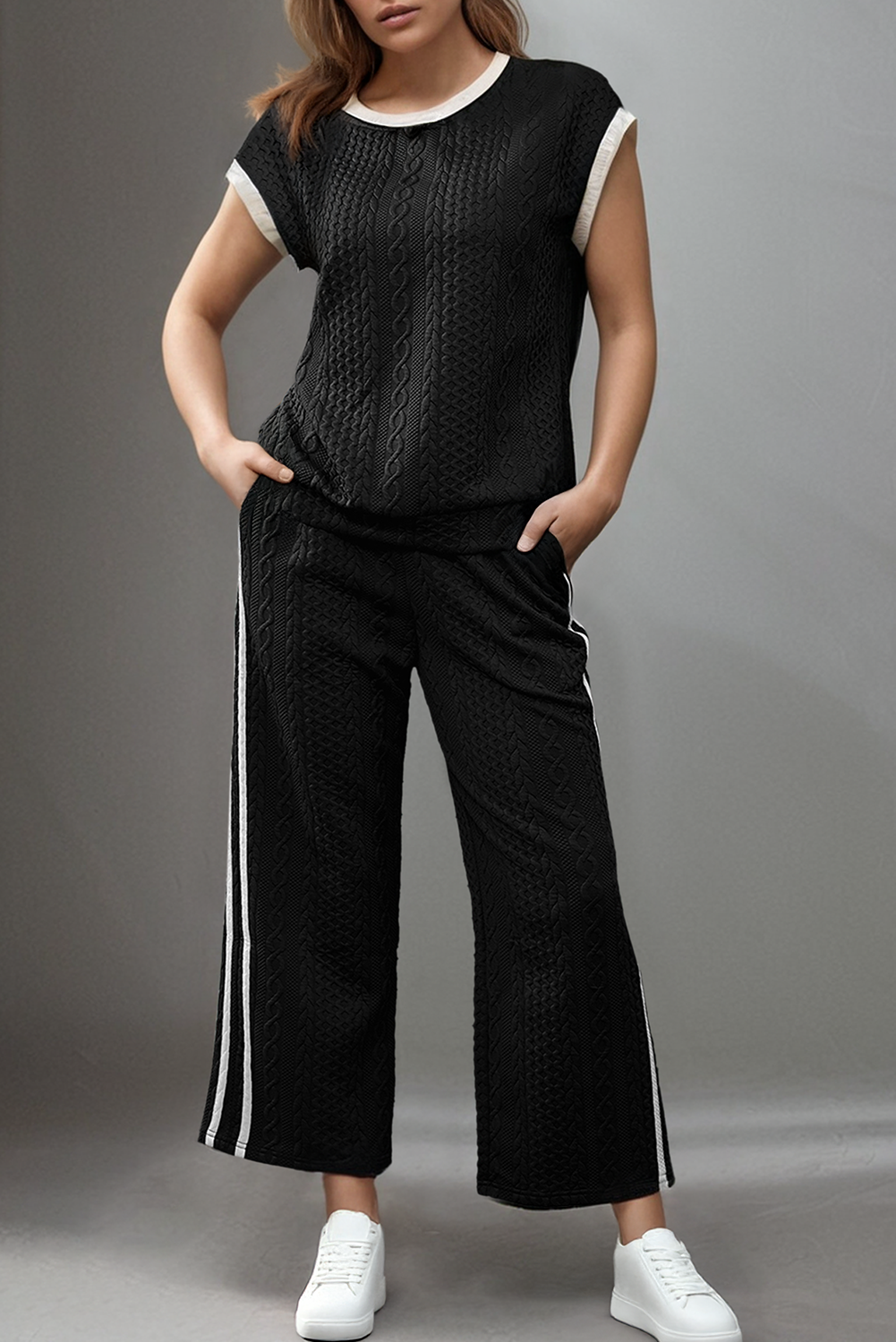 Cable Knit Contrast Trim Short Sleeve Top and Pants Set